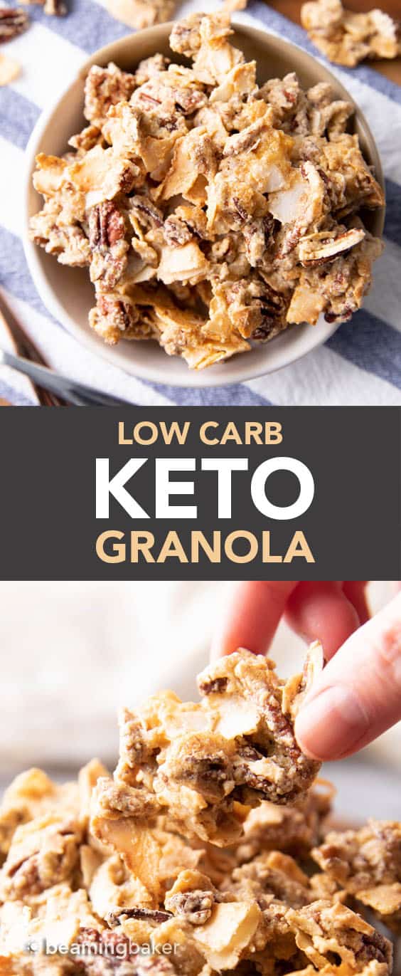 Best Keto Granola Recipe: crispy, crunchy keto granola with big clusters. This low carb granola is sweet, nutty and satisfying! Keto-Friendly, Low Carb, Gluten Free, Vegan. #KetoGranola #LowCarb #KetoFriendly #KetoRecipe | Recipe at BeamingBaker.com