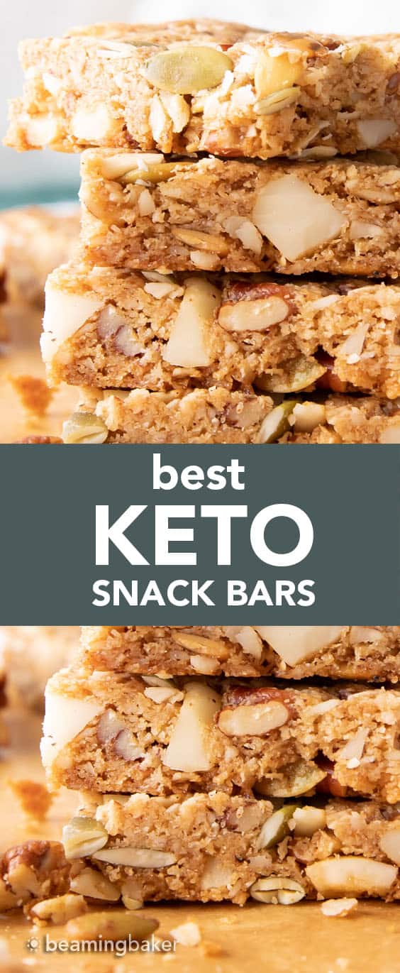 Keto Snack Bars Recipe: sweet & salty keto snack bars that are crispy on the outside, soft on the inside with a crunchy texture. Surprisingly keto & delightfully delicious. #Keto #LowCarb #SnackBars #KetoSnacks | Recipe at BeamingBaker.com