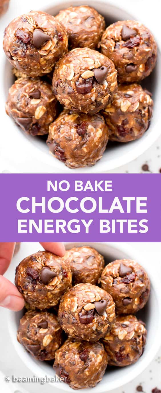 No Bake Energy Bites: a super easy no bake energy bites recipe made with simple, healthy ingredients and bursting with chocolate flavor! #NoBake #EnergyBites #Healthy #EnergyBalls | Recipe at BeamingBaker.com