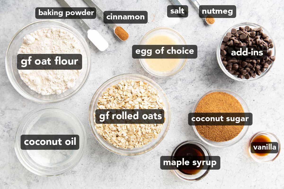 Gluten free oatmeal cookies ingredients pre-measured in mis en place bowls