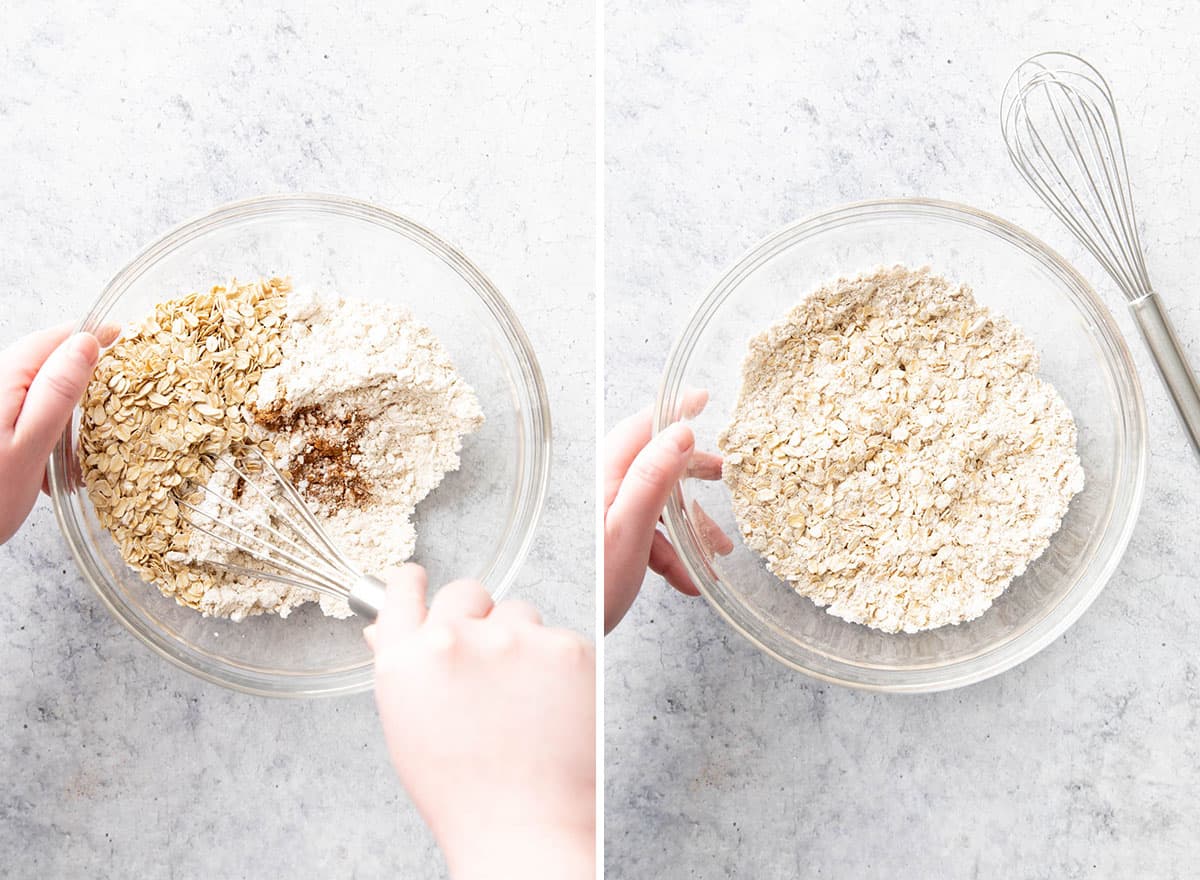 Two photos showing How to Make Gluten Free Oatmeal Cookies – whisking dry ingredients in a mixing bowl