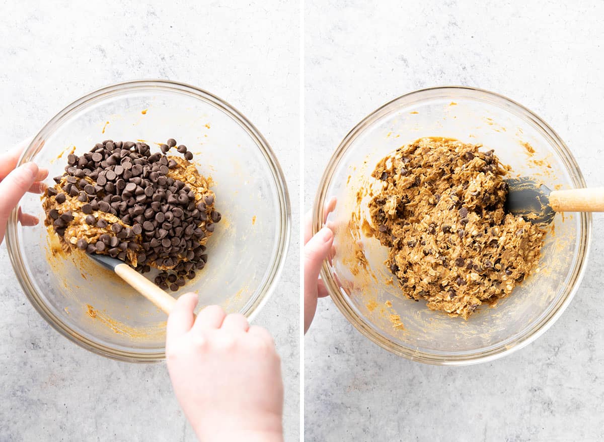 Two photos showing How to Make Gluten Free Oatmeal Chocolate Chip Cookies – stirring in add-in ingredients