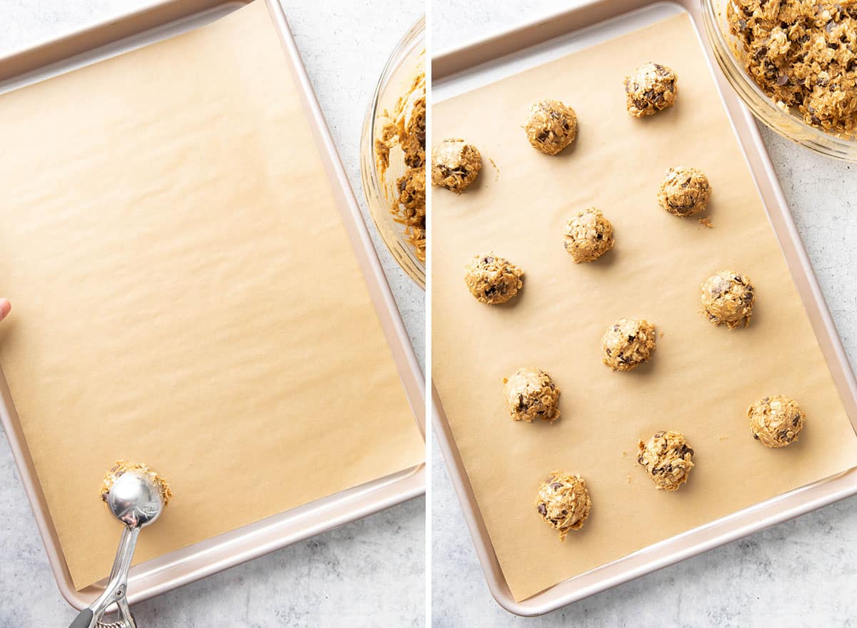 Two photos showing How to Make this GF cookie recipe – scooping cookie dough