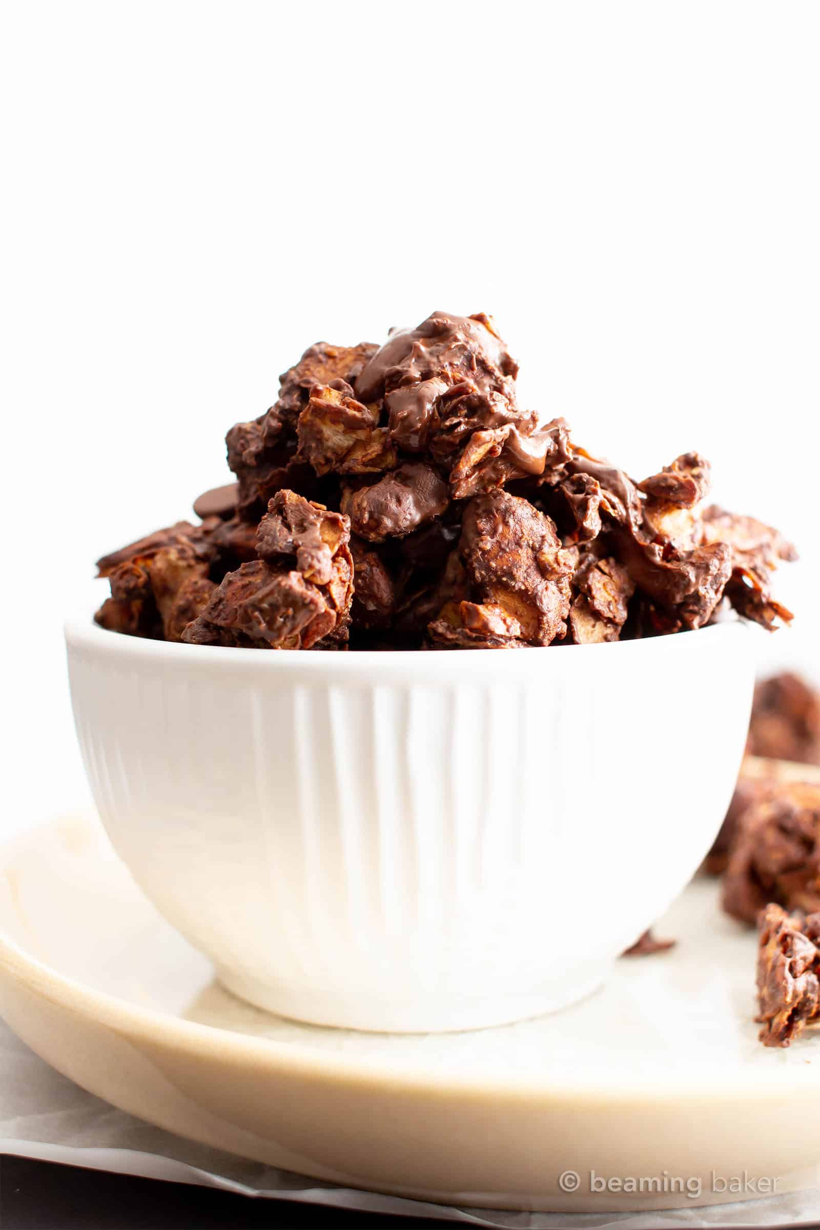 Healthy Chocolate Granola: the tastiest healthy chocolate granola recipe—big, chunky granola clusters covered in rich chocolate goodness. Healthy, whole ingredients. #Chocolate #Granola #Healthy #GranolaRecipe | Recipe at BeamingBaker.com