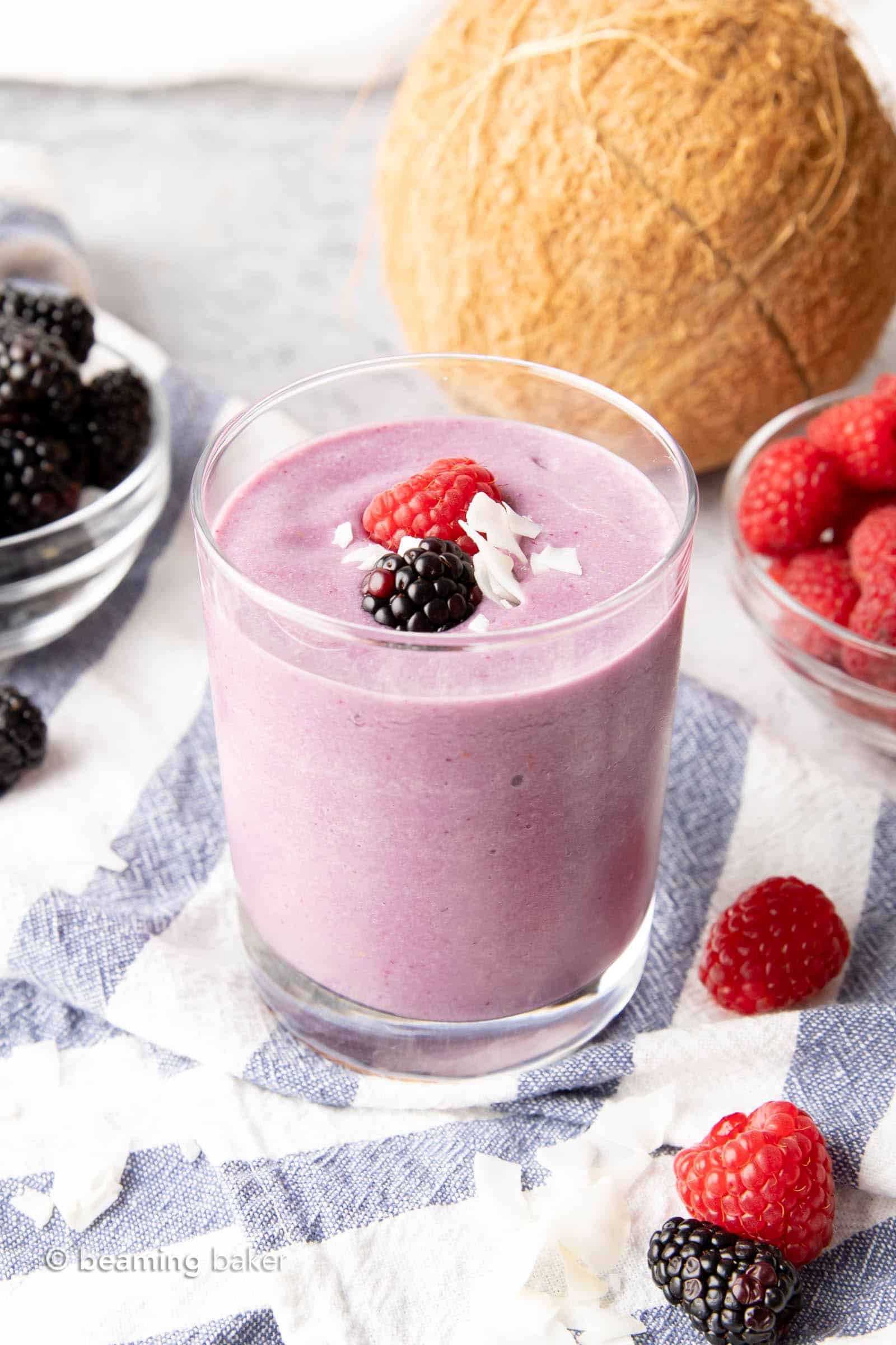 Keto Berry Coconut Smoothie: just 3 net carbs for a keto smoothie packed with berry coconut goodness! #Keto #KetoSmoothie #KetoBerries | Recipe at BeamingBaker.com