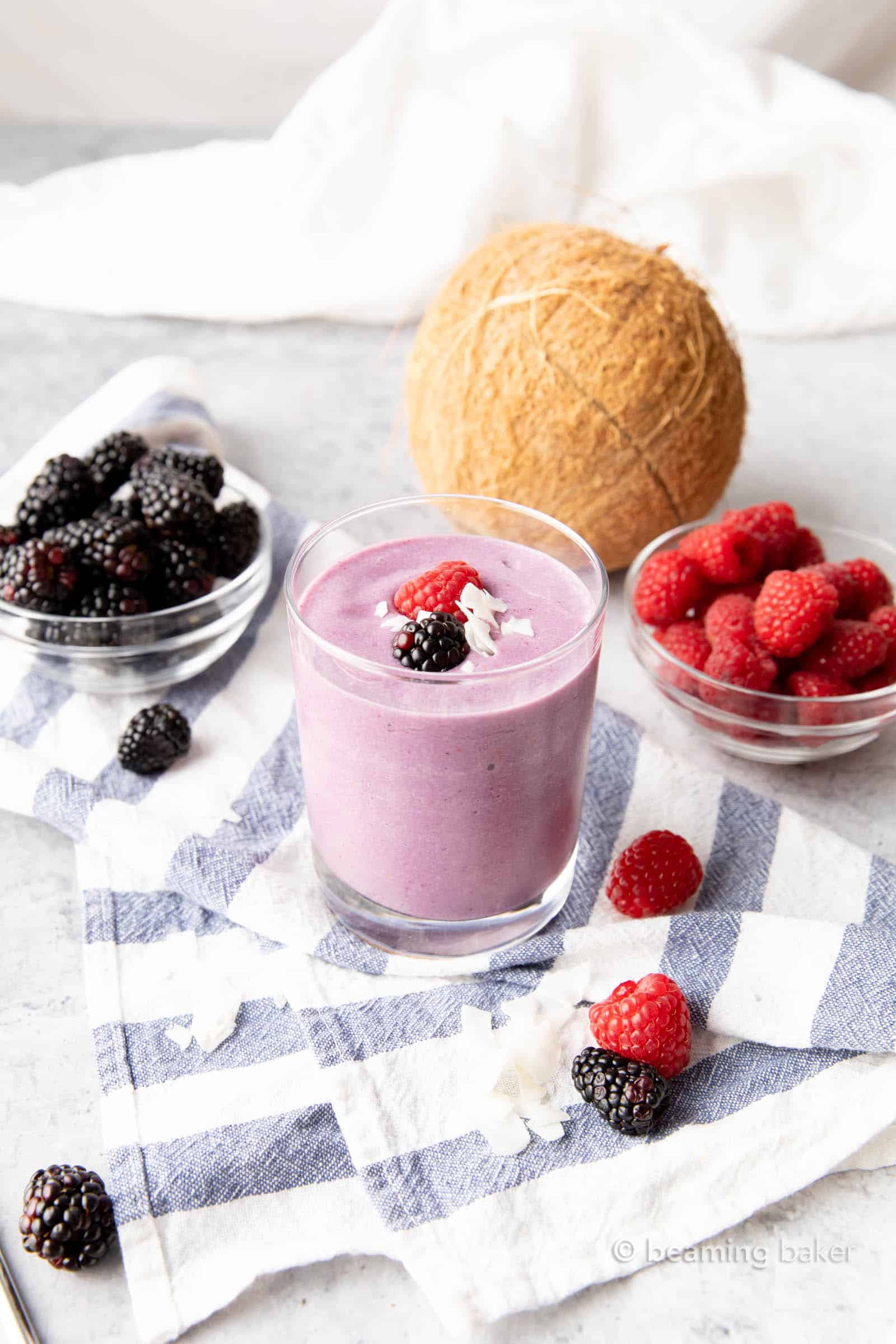 Keto Berry Coconut Smoothie: just 3 net carbs for a keto smoothie packed with berry coconut goodness! #Keto #KetoSmoothie #KetoBerries | Recipe at BeamingBaker.com