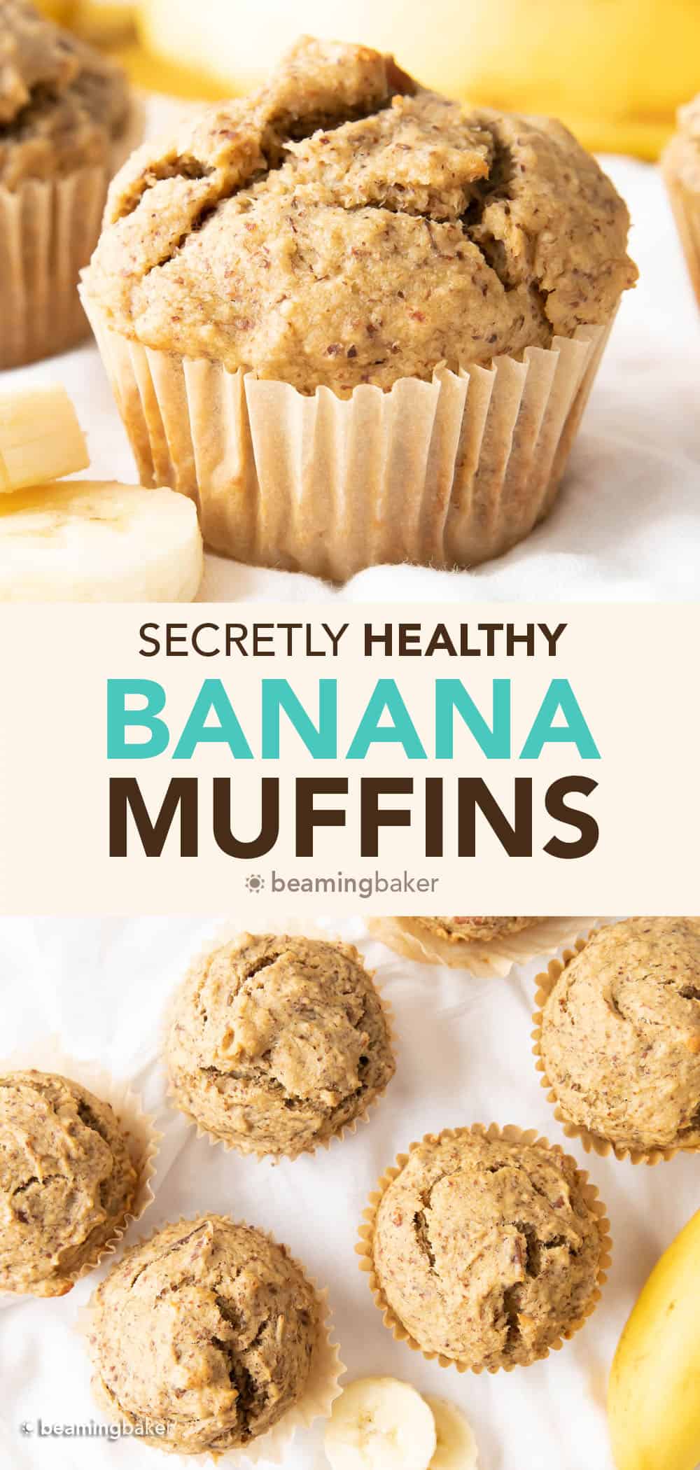 Healthy Banana Muffins Recipe: the BEST healthy banana muffins—secretly healthy, soft ‘n dense banana bread-style muffins with lightly sweet, comforting banana flavor. Made with healthy, whole ingredients. #HealthyMuffins #Banana #Muffins #BananaMuffins | Recipe at BeamingBaker.com