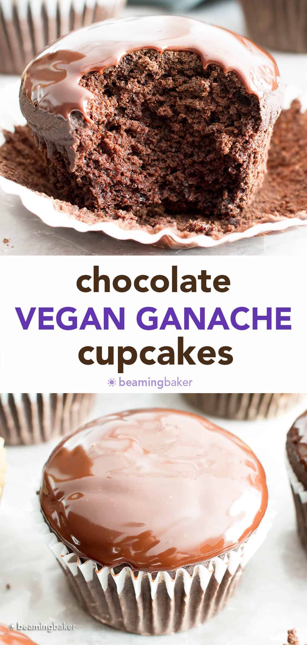 Vegan Chocolate Ganache Cupcakes: rich vegan chocolate cupcakes topped with sweet chocolate ganache. Your soon-to-be favorite chocolate ganache cupcakes! #Vegan #Cupcakes #Ganache #Chocolate | Recipe at BeamingBaker.com