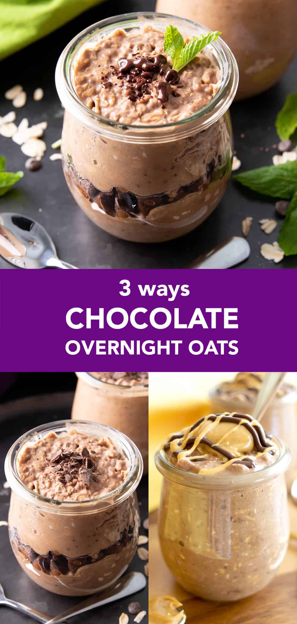 Chocolate Overnight Oats – 3 Ways: 3 delicious ‘n easy ways to make chocolate overnight oats! Including: chocolate peanut butter overnight oats, chocolate overnight oats and a secret new recipe! #OvernightOats #Chocolate #OvernightOatmeal #ChocolateOvernightOats | Recipe at BeamingBaker.com