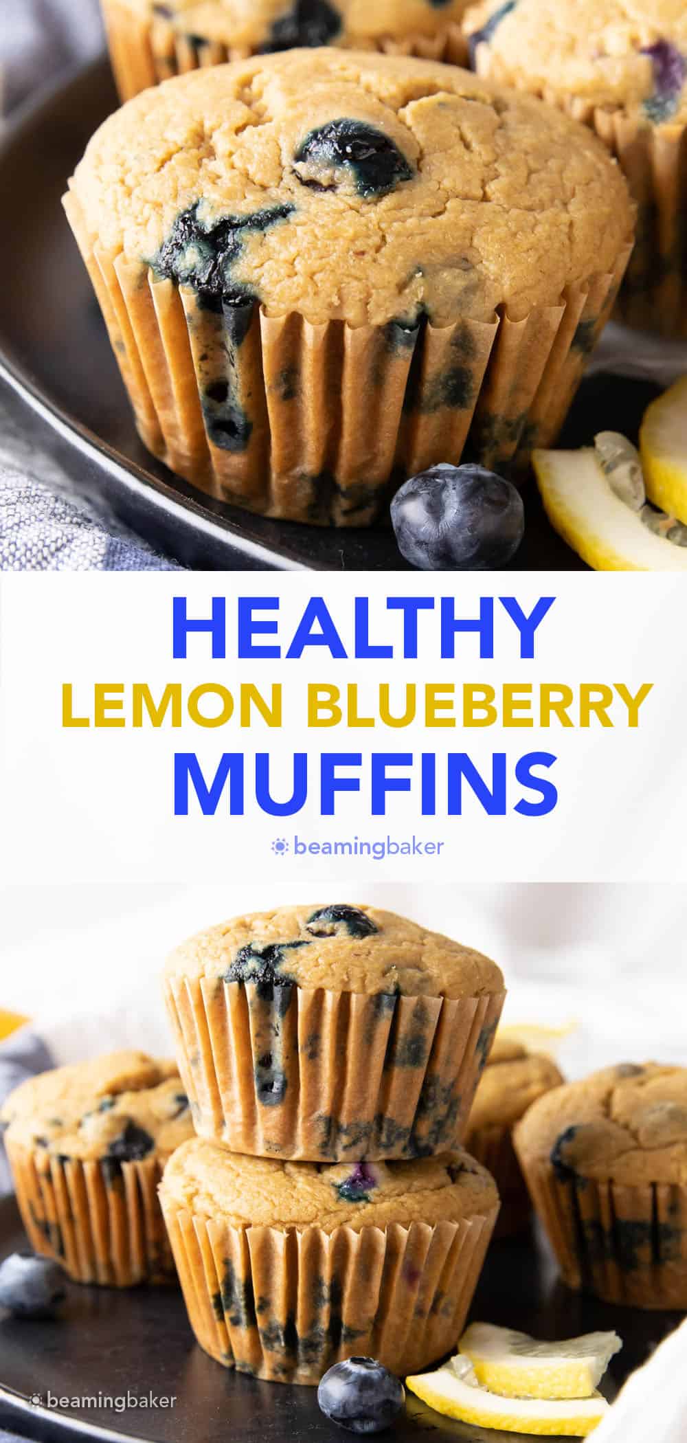 Healthy Lemon Blueberry Muffins: moist ‘n delicious healthy lemon blueberry muffins made with healthy, whole ingredients. #Lemon #Muffins #Healthy #Blueberry | Recipe at BeamingBaker.com
