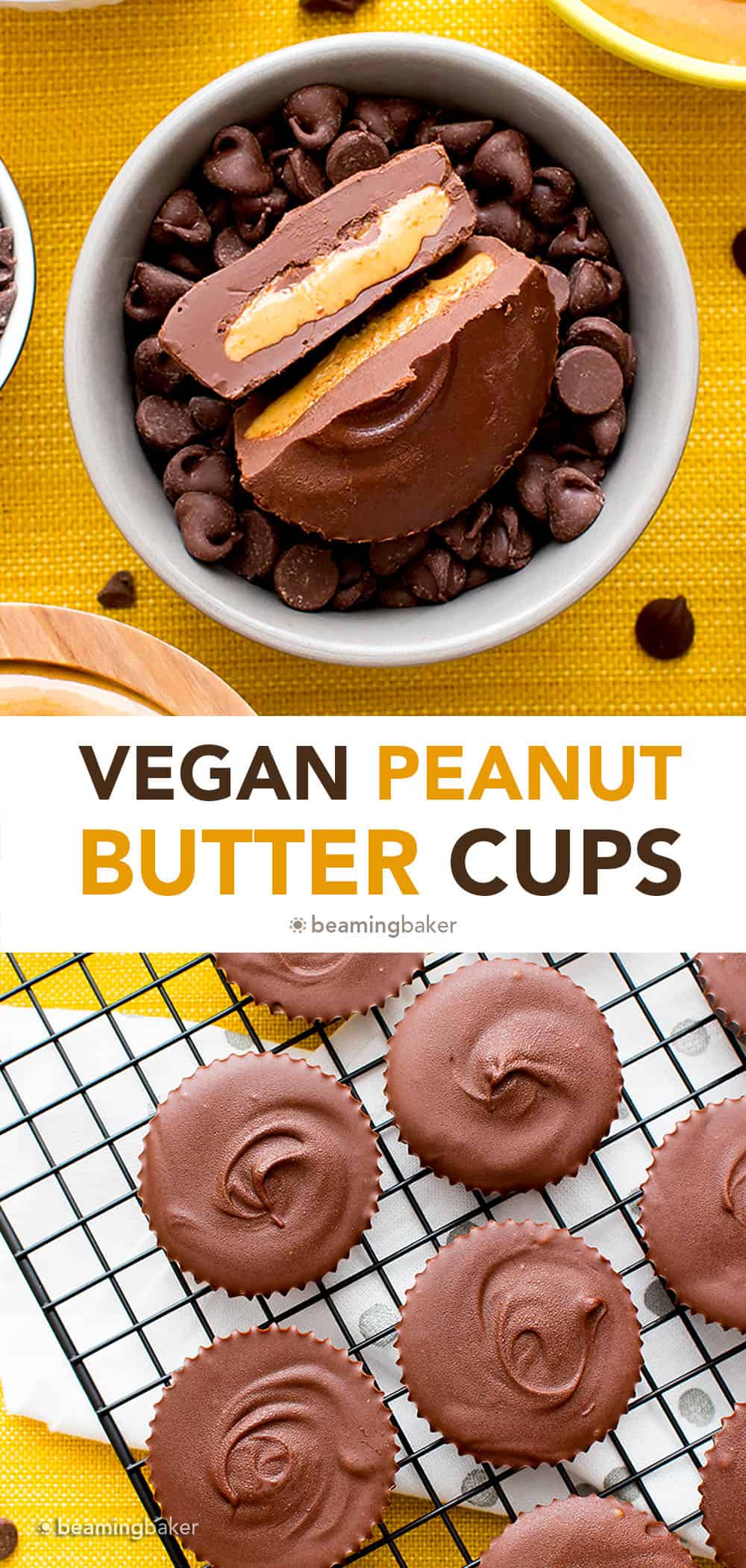 Vegan Peanut Butter Cups: just 5 ingredients for delicious vegan chocolate peanut butter cups! Easy to make, whole ingredients. #Vegan #PeanutButterCups #PeanutButter #VeganCandy | Recipe at BeamingBaker.com 