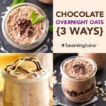 Chocolate Overnight Oats – 3 Ways: 3 delicious ‘n easy ways to make chocolate overnight oats! Including: chocolate peanut butter overnight oats, chocolate overnight oats and a secret new recipe! #OvernightOats #Chocolate #OvernightOatmeal #ChocolateOvernightOats | Recipe at BeamingBaker.com
