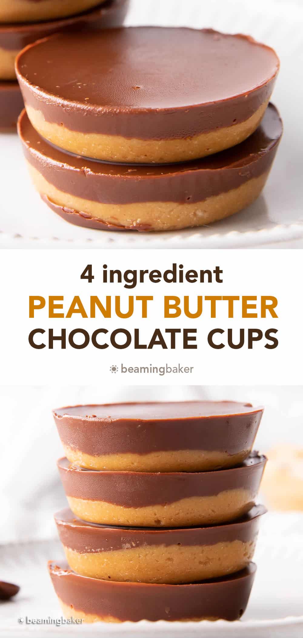 4 Ingredient Dark Chocolate Peanut Butter Cups (Vegan): an easy recipe for dark chocolate peanut butter cups that are vegan, delicious and made with simple ingredients. #Vegan #PeanutButter #DarkChocolate #PeanutButterCups | Recipe at BeamingBaker.com