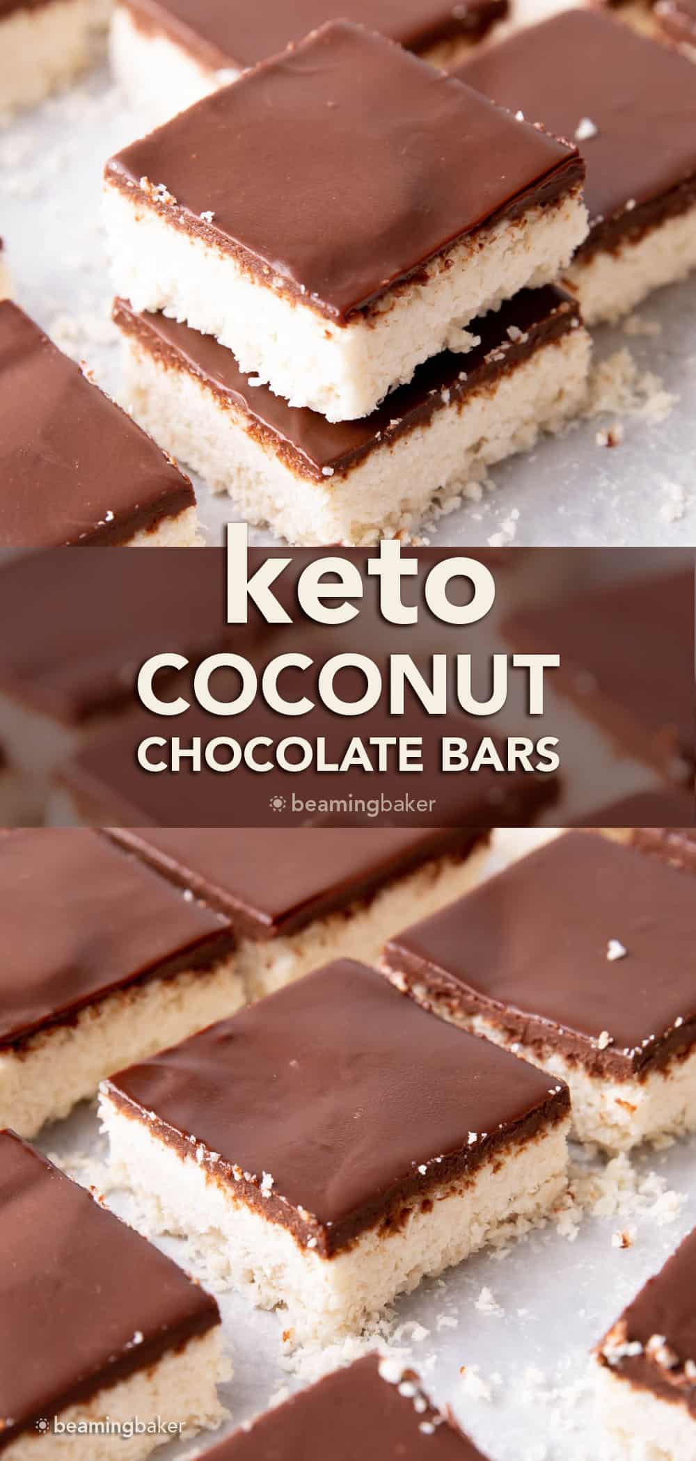 Keto Coconut Chocolate Bars: decadent keto coconut bars topped with a velvety layer of rich dark chocolate. The best keto coconut chocolate bars—Low Carb, super easy to make and mouthwateringly good! #Keto #Coconut #LowCarb #KetoBars | Recipe at BeamingBaker.com