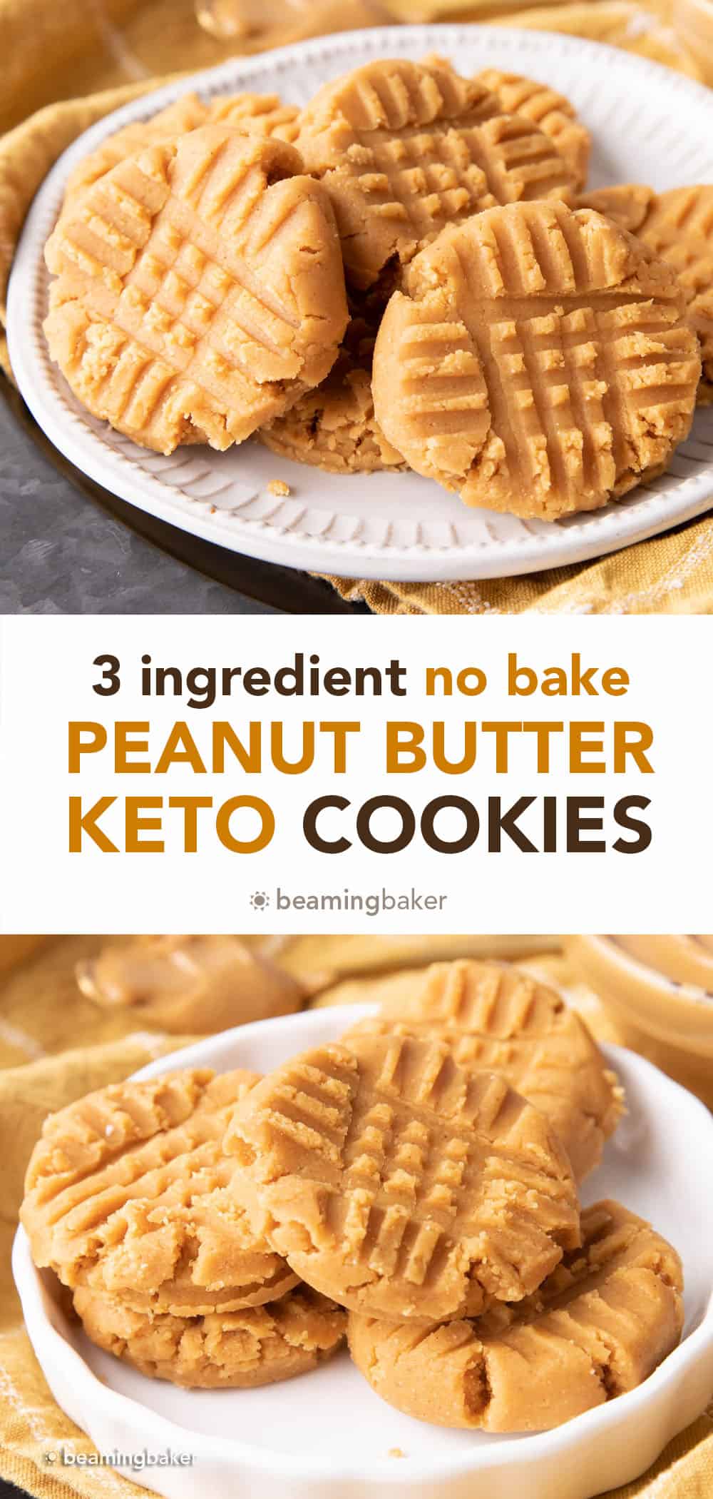 Keto No Bake Cookies: an easy 3 ingredient recipe for keto no bake peanut butter cookies! So easy to make, so delicious to eat. Low Carb. #Keto #NoBake #KetoCookies #PeanutButter | Recipe at BeamingBaker.com
