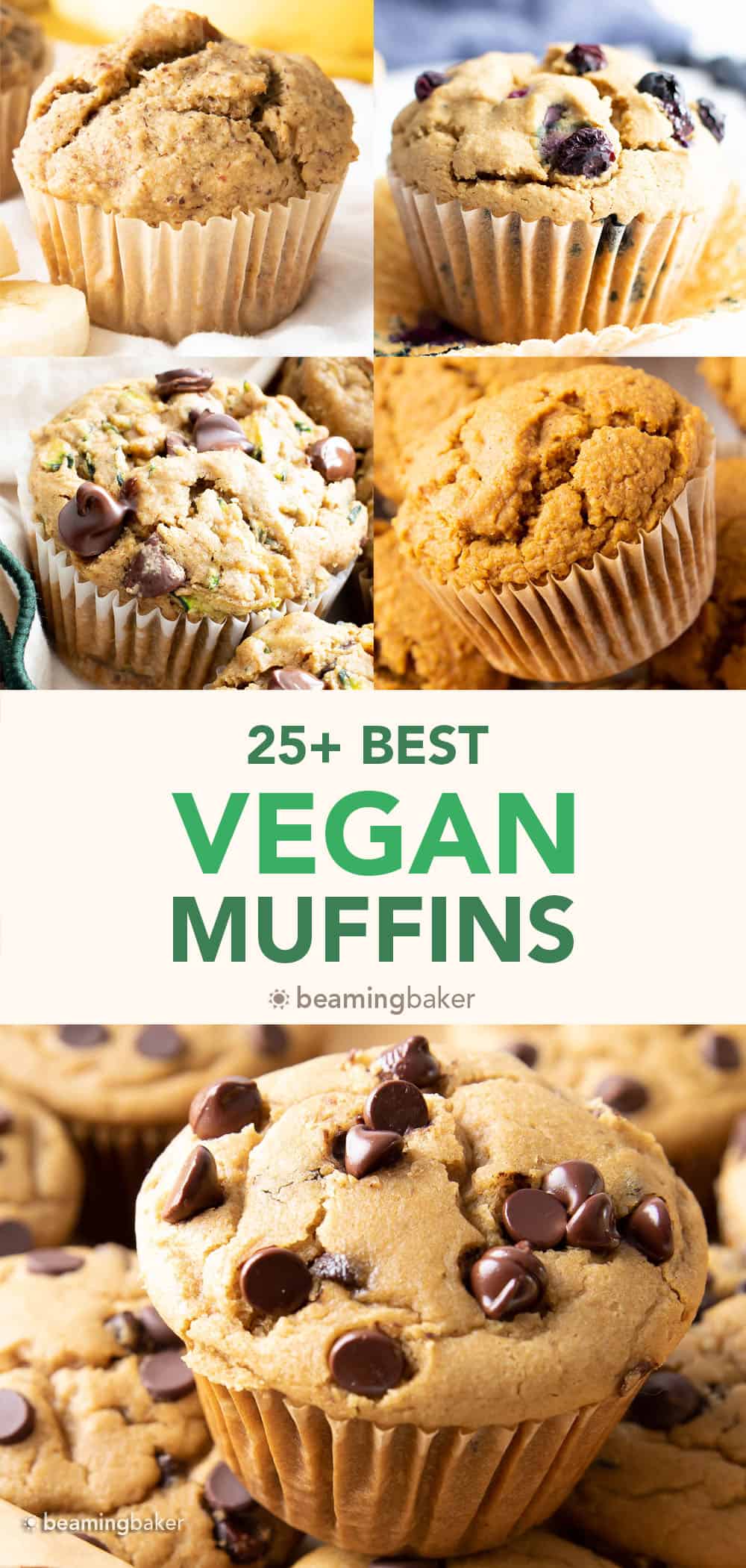 25+ Absolute Best Vegan Muffins: an irresistibly mouthwatering collection of the best vegan muffins! Including vegan banana muffins, vegan pumpkin muffins, vegan chocolate chip muffins, and more! #veganmuffins #veganbananamuffins #vegan #muffins | Recipes on BeamingBaker.com