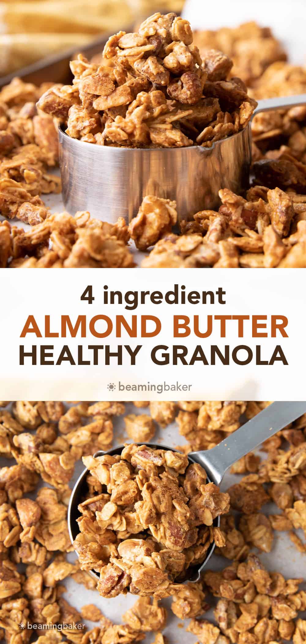 4 Ingredient Almond Butter Granola: this super easy almond butter granola recipe calls for just 4 ingredients and a few mins of prep! Healthy almond butter granola was never so easy! #AlmondButter #Granola #Healthy #Recipe | Recipe at BeamingBaker.com