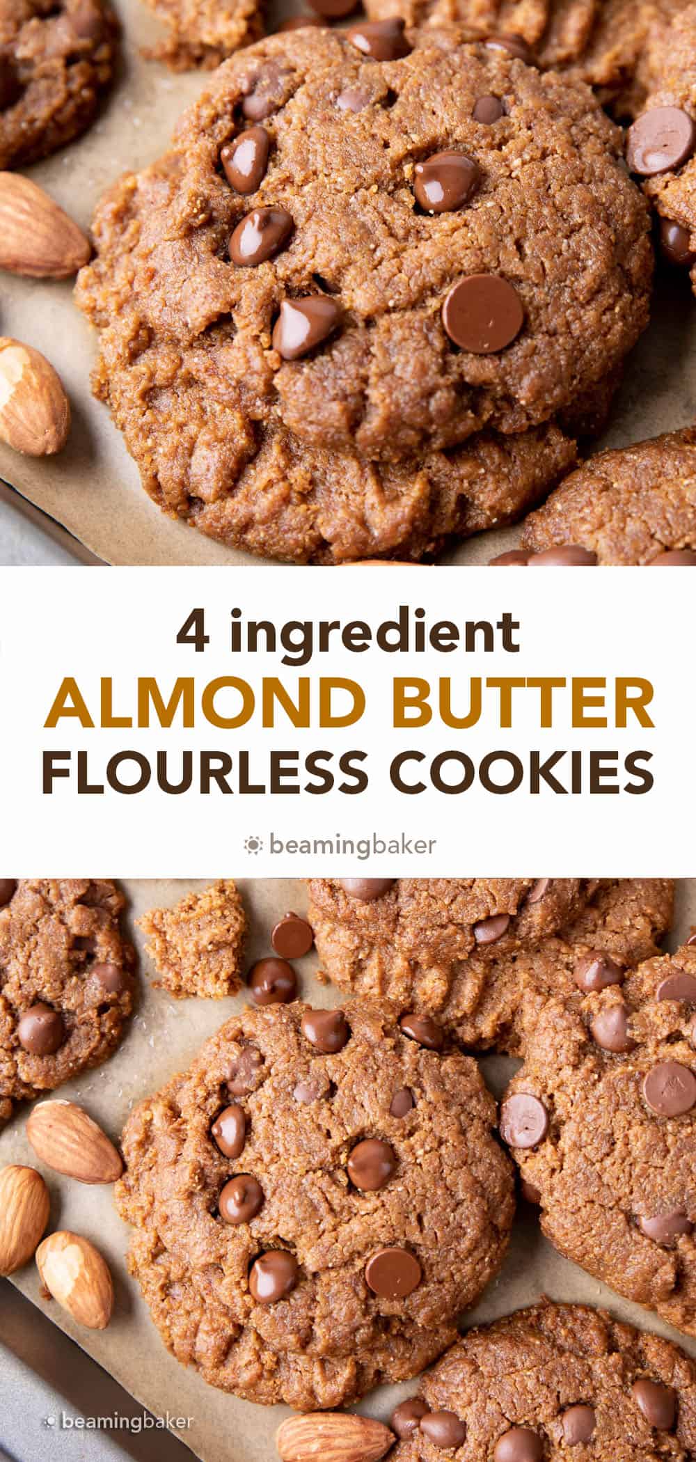 4 Ingredient Flourless Almond Butter Cookies (Gluten Free): unbelievably soft ‘n chewy flourless almond butter cookies made with just 4 ingredients! The best gluten free almond butter cookies—easy to make, delicious, simple ingredients. #Flourless #GlutenFree #Cookies #AlmondButter | Recipe at BeamingBaker.com