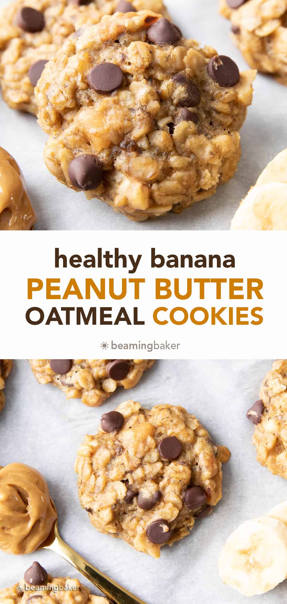 Peanut Butter Banana Oatmeal Cookies: quick ‘n easy healthy peanut butter banana oatmeal cookies! Bursting with delicious peanut butter and banana flavors. #OatmealCookies #PeanutButter #Banana #Healthy | Recipe at BeamingBaker.com