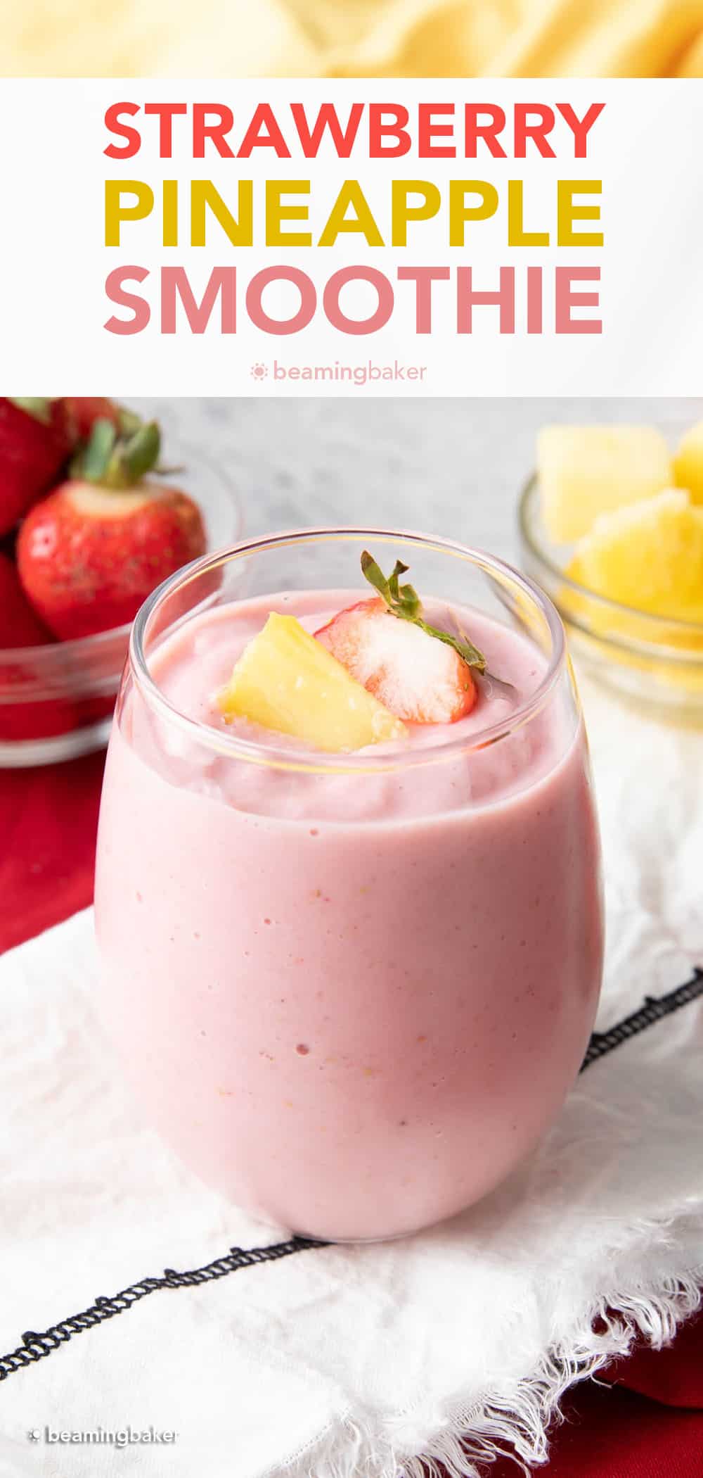 3 Ingredient Strawberry Pineapple Smoothie – a refreshingly simple strawberry pineapple smoothie made with just 3 ingredients! Frosty ‘n thick with refreshing fruity flavor. #Strawberry #Pineapple #Smoothie | Recipe at BeamingBaker.com