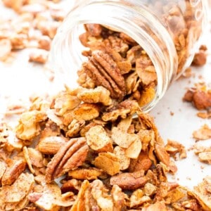 Cinnamon Grain Free Granola: my favorite grain free granola recipe—simple & easy to make granola that yields crispy, crunchy clusters and perfectly spiced, cozy cinnamon flavor. The best grain free granola! #GrainFree #Granola #HomemadeGranola | Recipe at BeamingBaker.com