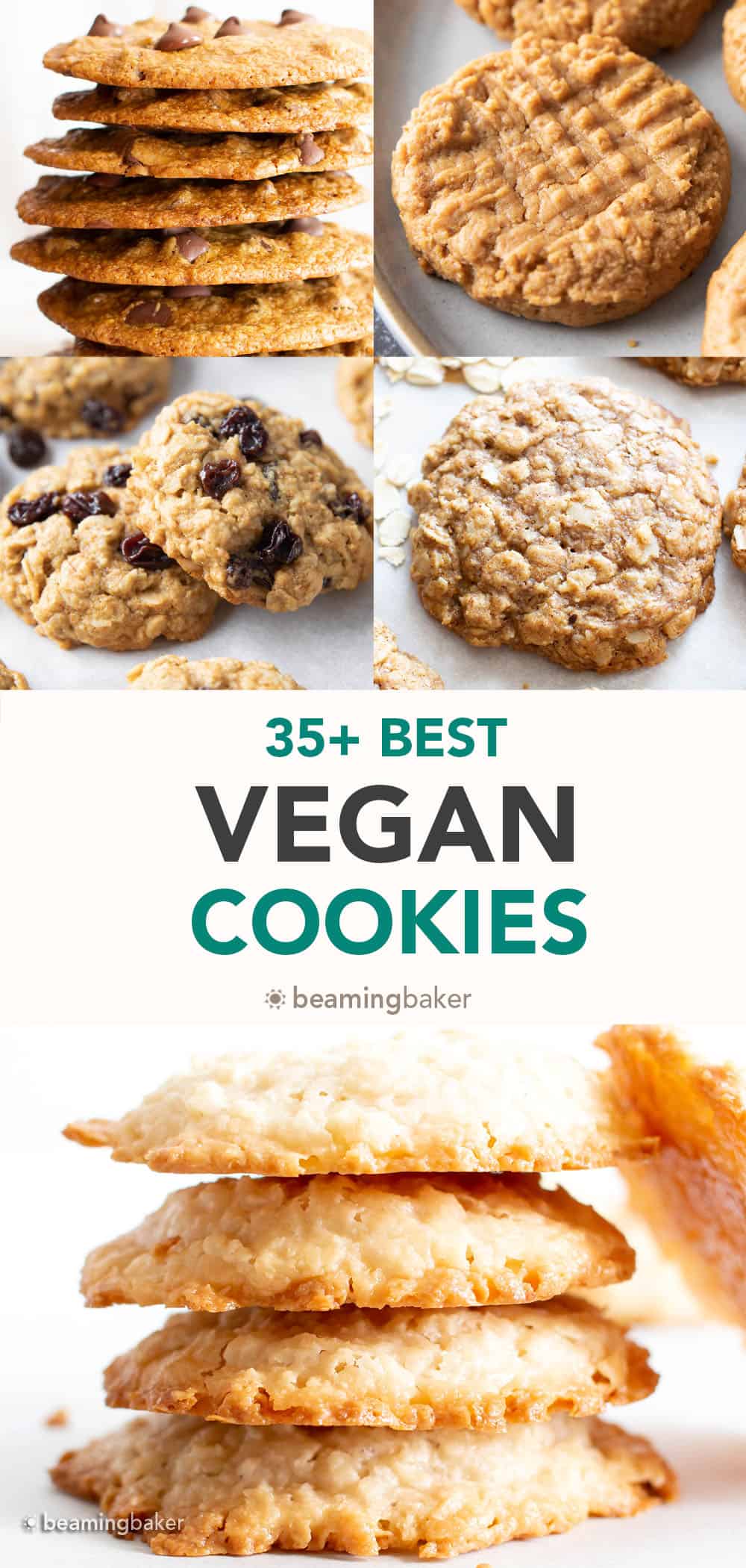 35+ Best Vegan Cookie Recipes: amazingly tasty vegan cookies everyone will love! Including vegan chocolate chip cookies, vegan peanut butter cookies, vegan oatmeal cookies and more! #Vegan #VeganCookie #VeganChocolateChipCookies #VeganDesserts | Recipes at BeamingBaker.com