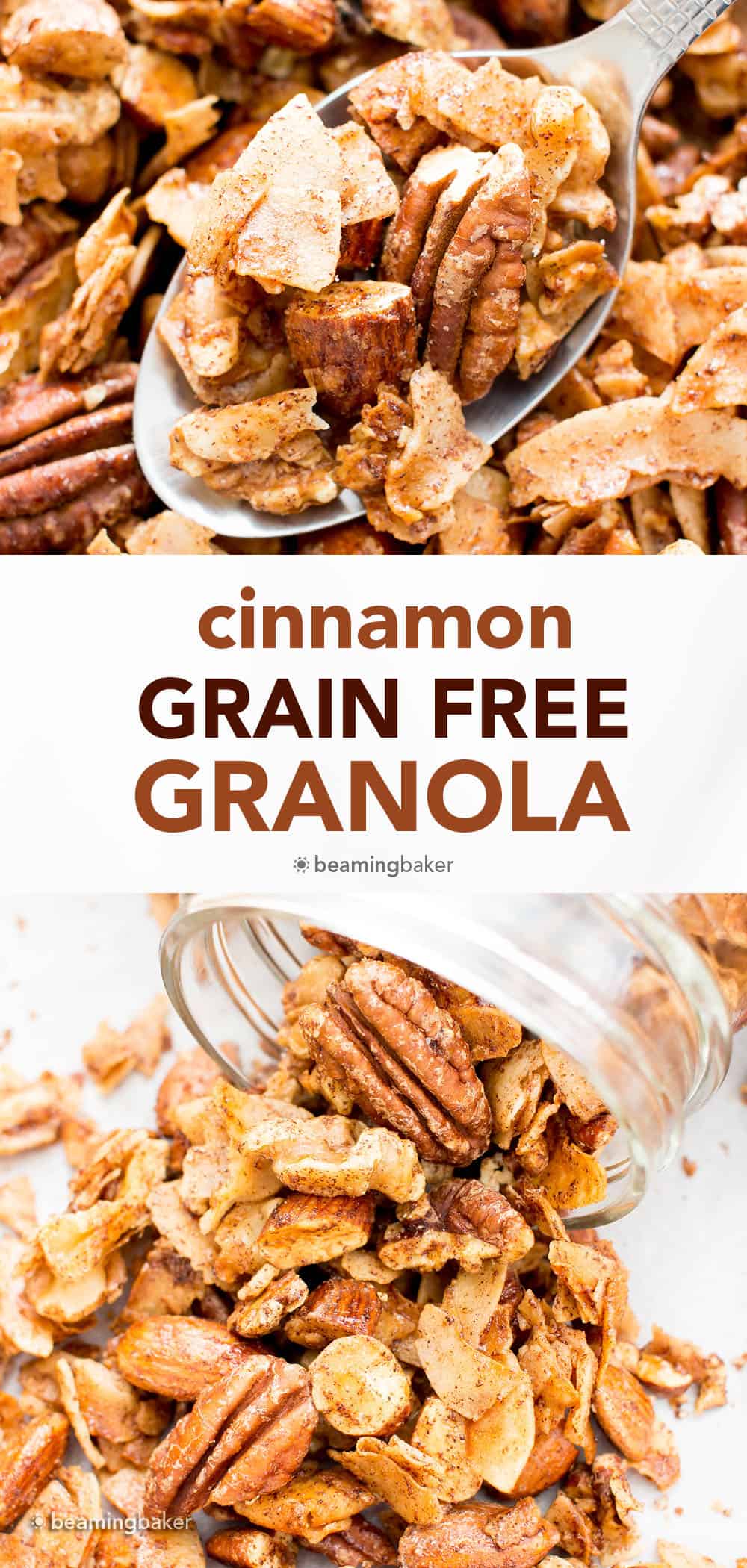 Cinnamon Grain Free Granola: my favorite grain free granola recipe—simple & easy to make granola that yields crispy, crunchy clusters and perfectly spiced, cozy cinnamon flavor. The best grain free granola! #GrainFree #Granola #HomemadeGranola | Recipe at BeamingBaker.com
