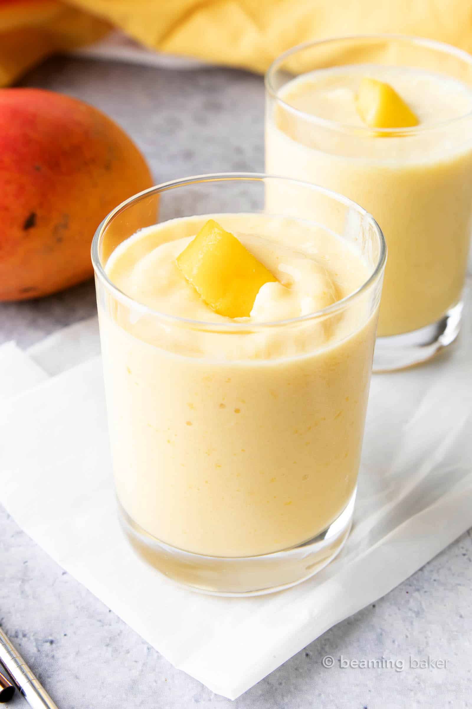 Mango Smoothie: just 3 ingredients for the easiest mango smoothie recipe! Refreshing, creamy and delicious—the best mango smoothie! #Mango #Smoothie #Mangoes #Smoothies | Recipe at BeamingBaker.com