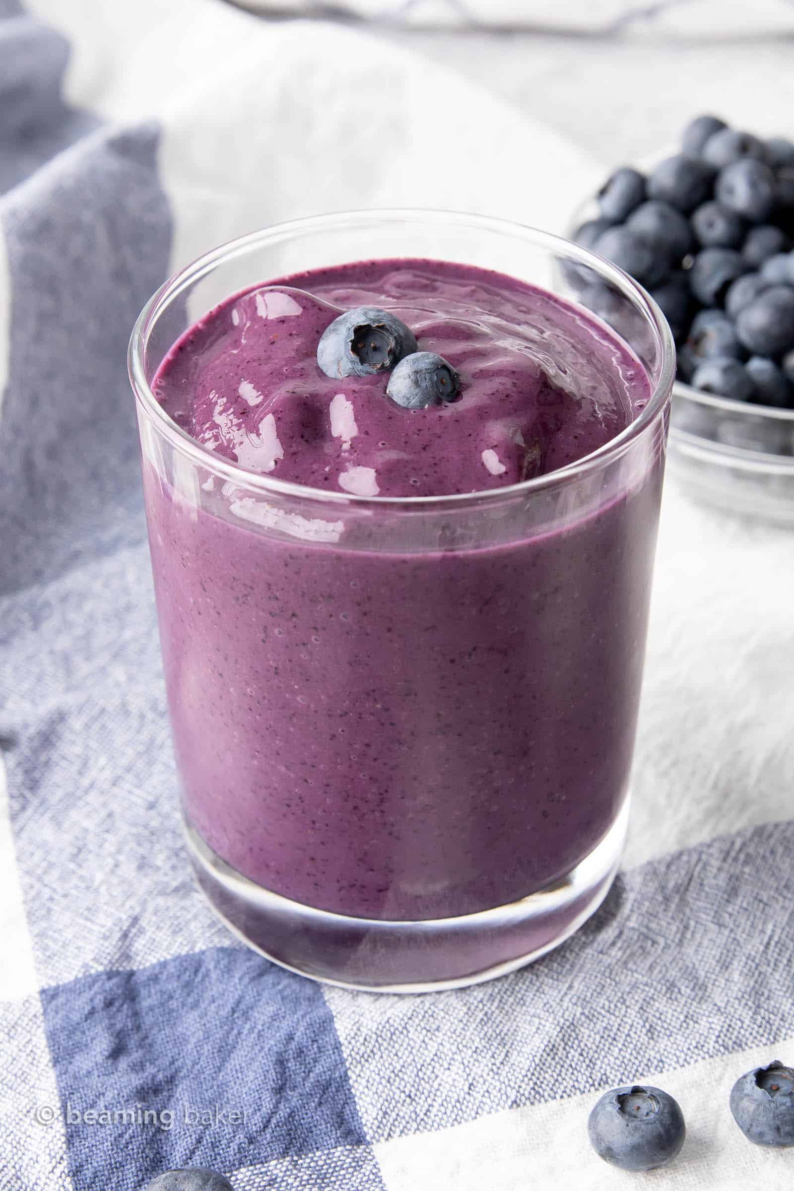 Blueberry Smoothie: just 3 ingredients for the easiest blueberry smoothie recipe ever! The best blueberry smoothie—just minutes to prep for a healthy & refreshing smoothie! #Blueberry #Smoothie #Blueberries #Smoothies | Recipe at BeamingBaker.com