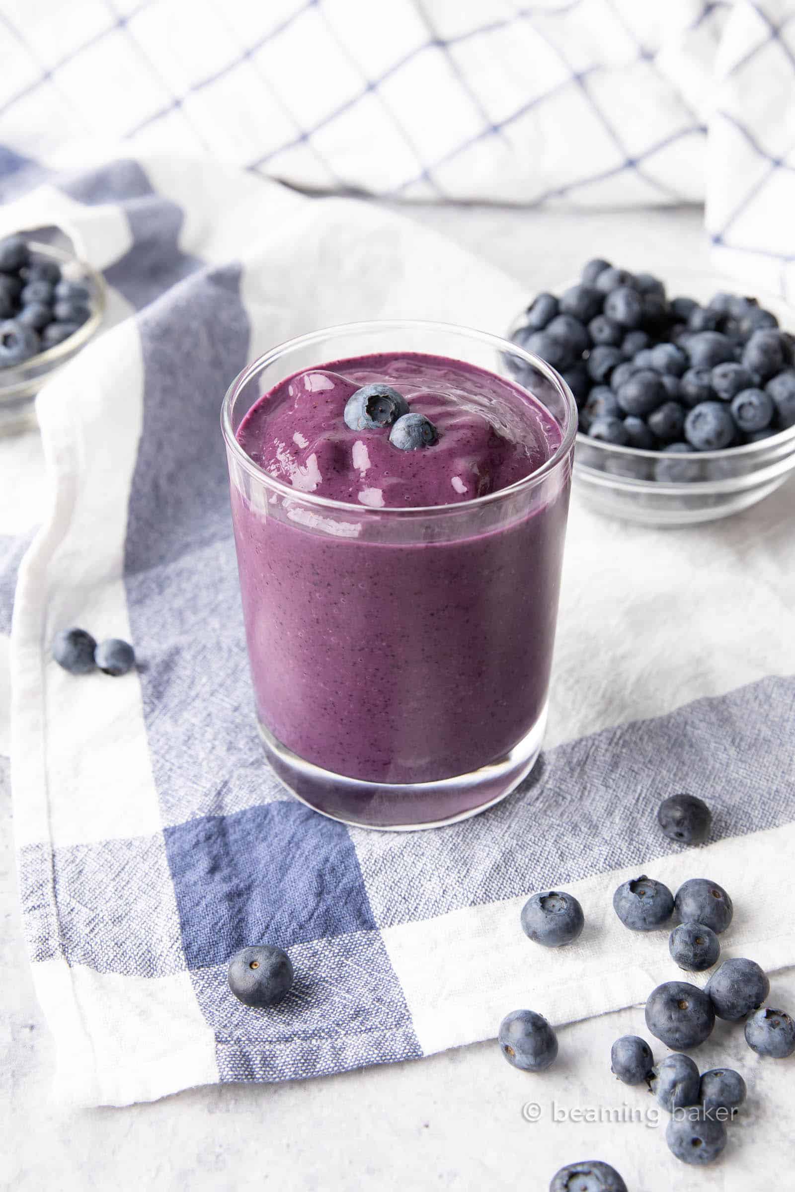 Blueberry Smoothie: just 3 ingredients for the easiest blueberry smoothie recipe ever! The best blueberry smoothie—just minutes to prep for a healthy & refreshing smoothie! #Blueberry #Smoothie #Blueberries #Smoothies | Recipe at BeamingBaker.com