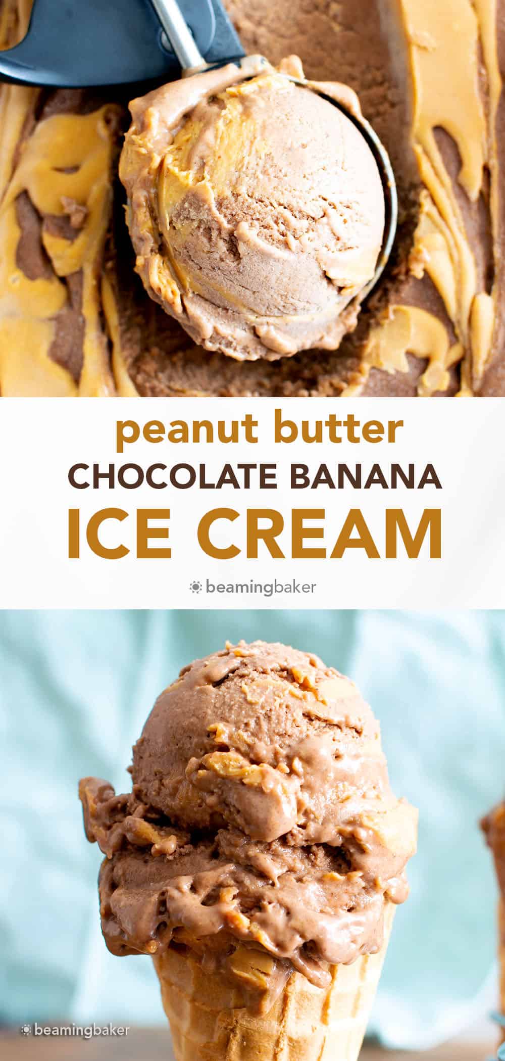 Chocolate Peanut Butter Banana Ice Cream: Just 4 ingredients for the best healthy chocolate peanut butter banana ice cream—rich ‘n creamy, packed with peanut butter cup flavor! #Chocolate #PeanutButter #BananaIceCream #IceCream | Recipe at BeamingBaker.com