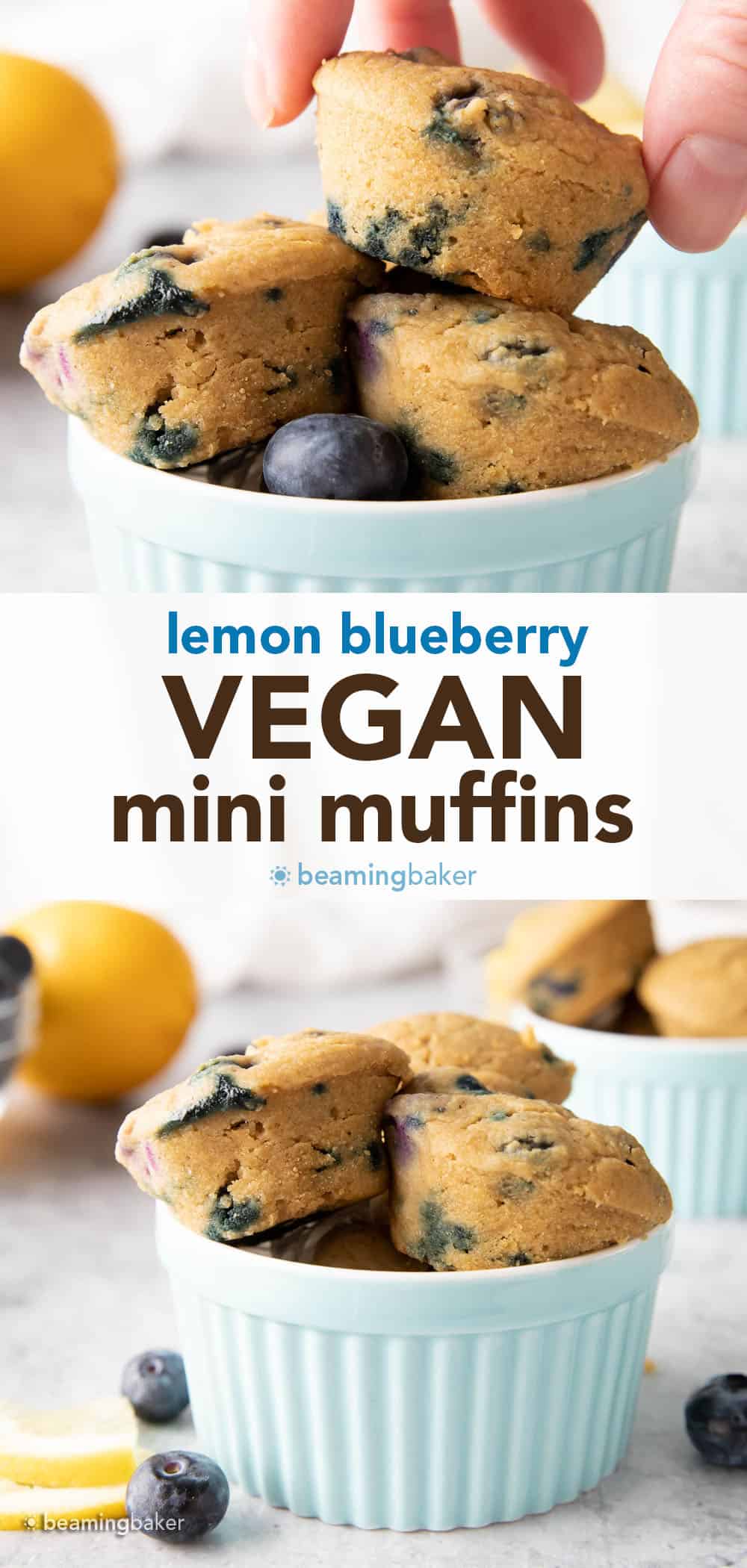 Mini Vegan Lemon Blueberry Muffins: super cute, mini-sized moist vegan lemon blueberry muffins. Bright blueberry & fresh lemon flavor packed into tiny vegan muffins!