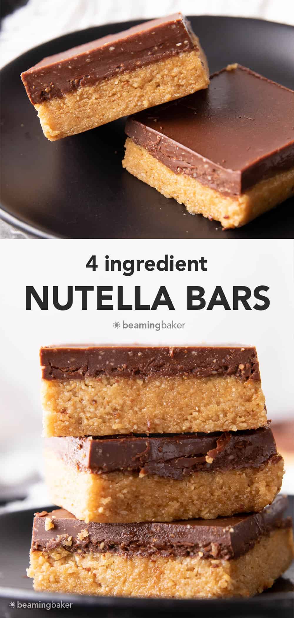 4 Ingredient No Bake Nutella Bars: this easy, 4 ingredient Nutella chocolate bar recipe yields soft ‘n chewy nutella bars with a thick chocolate hazelnut top. The best no bake nutella bars—Nutella in mouthwatering bar form! #Nutella #Chocolate #NoBake #Hazelnut | Recipe at BeamingBaker.com