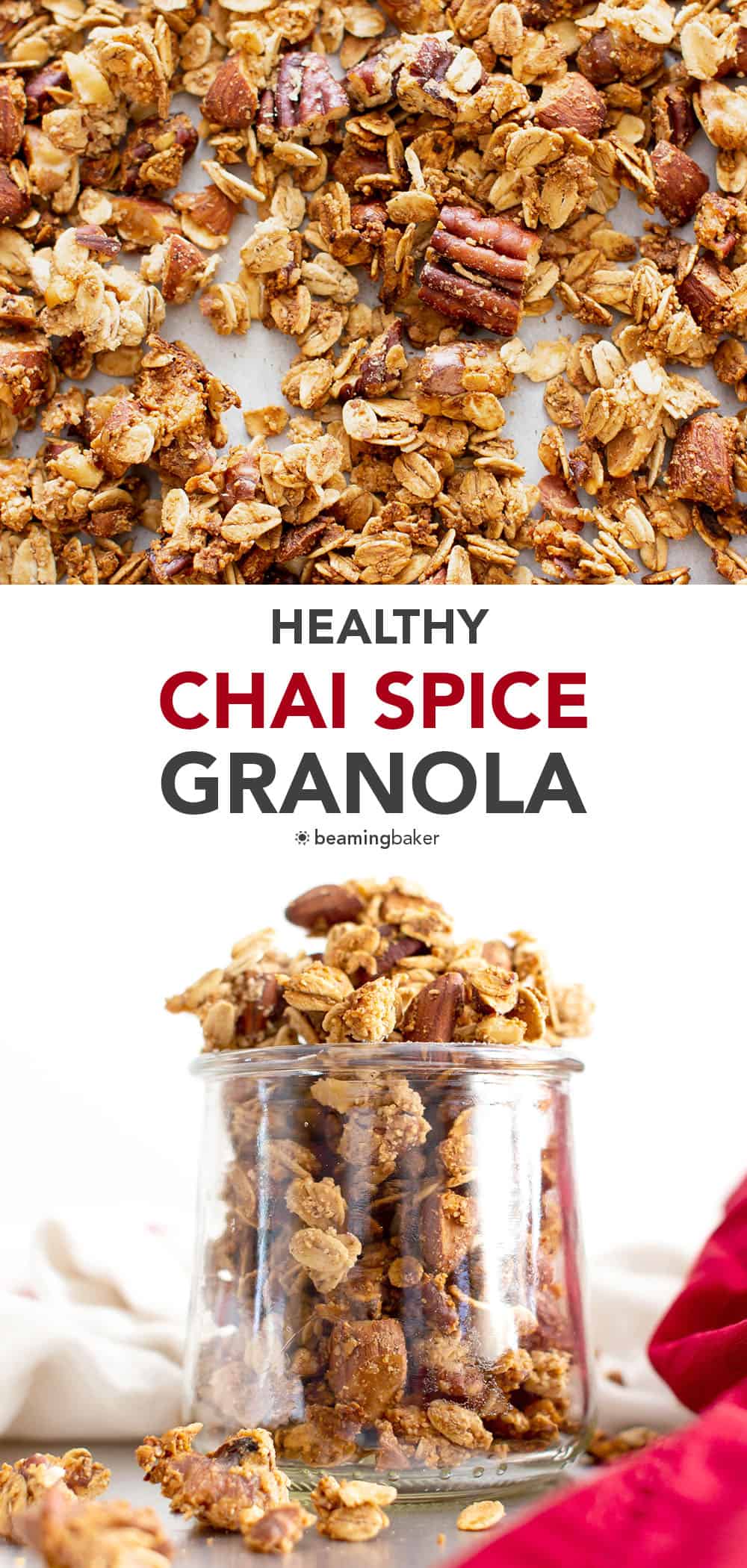 Chai Spiced Healthy Granola: healthy homemade granola chai spiced to perfection! The best healthy granola: crunchy granola clusters made with healthy ingredients. #Healthy #Granola #Chai | Recipe at BeamingBaker.com