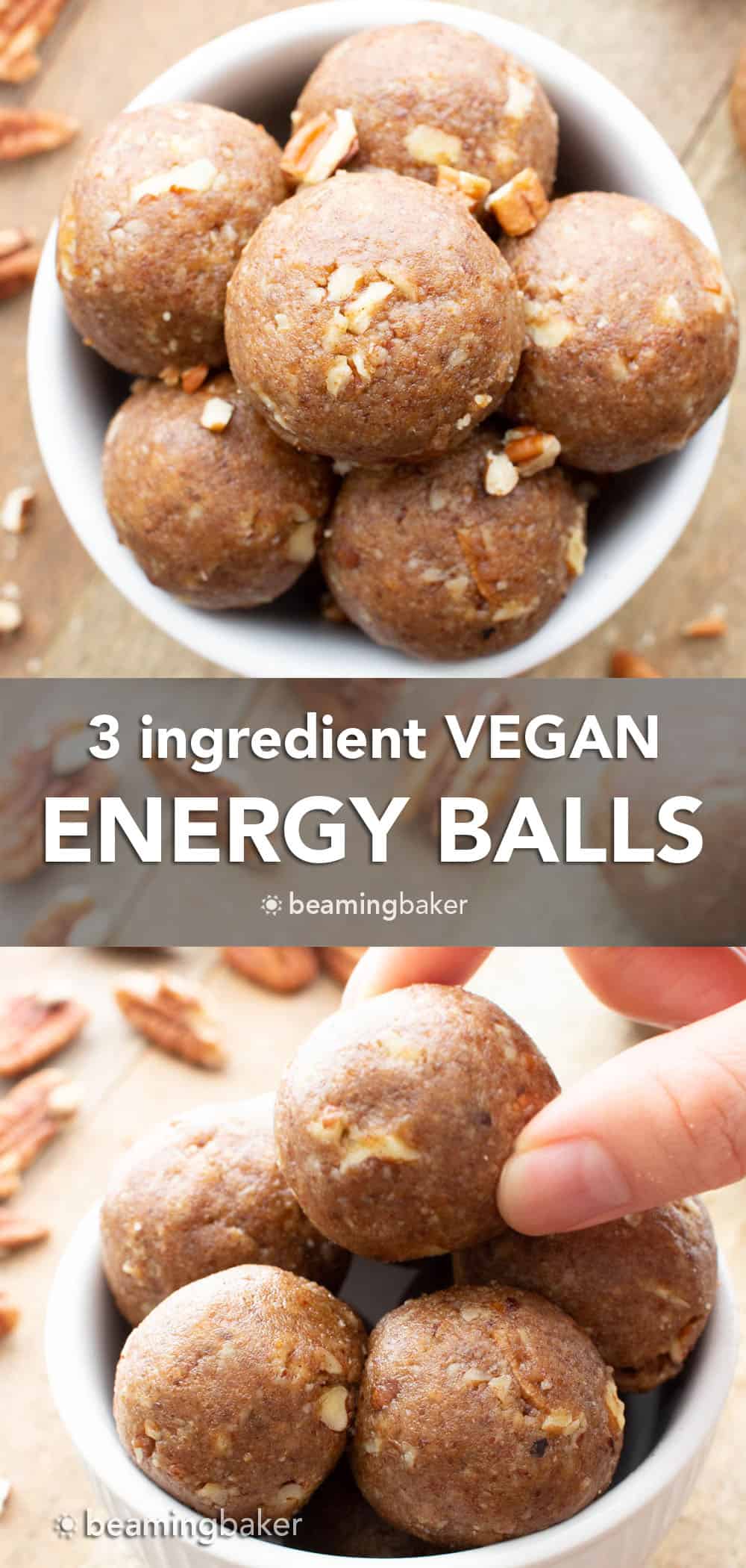 Vegan Energy Balls: just 3 ingredients for easy vegan energy balls that are soft, satisfying and delicious. Made with healthy, simple ingredients. #Vegan #EnergyBalls #NoBake #EnergyBites | Recipe at BeamingBaker.com