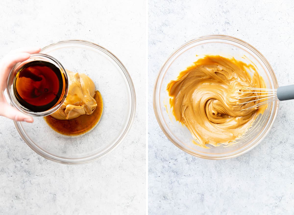Two photos showing How to Make 3 Ingredient No Bake Cookies – stirring peanut butter and maple syrup