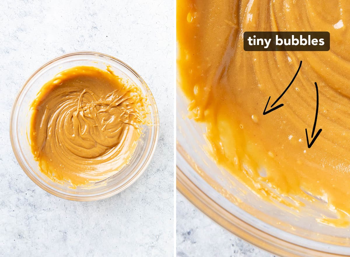 Two photos showing How to Make 3 Ingredient No Bake Cookies – heated peanut butter mixture with bubbles