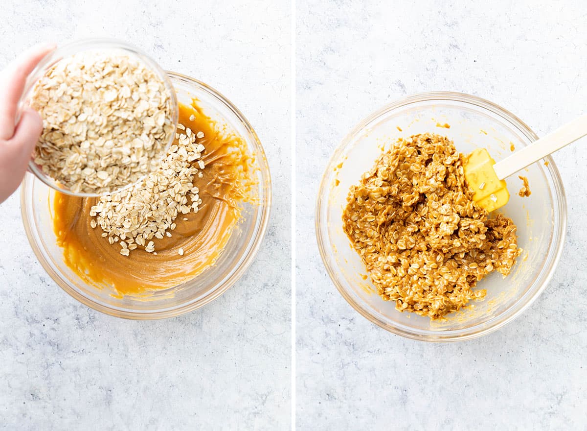 Two photos showing How to Make 3 Ingredient No Bake Cookies – stirring oats into peanut butter