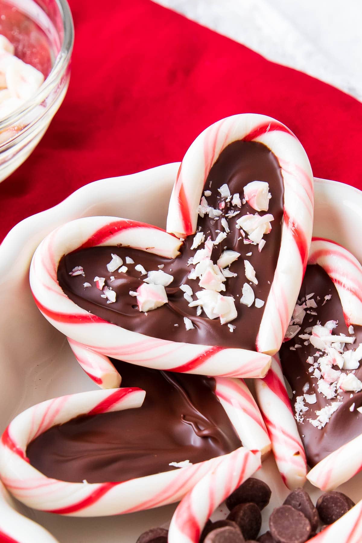 Close up of this festive holiday cane made with chocolate.