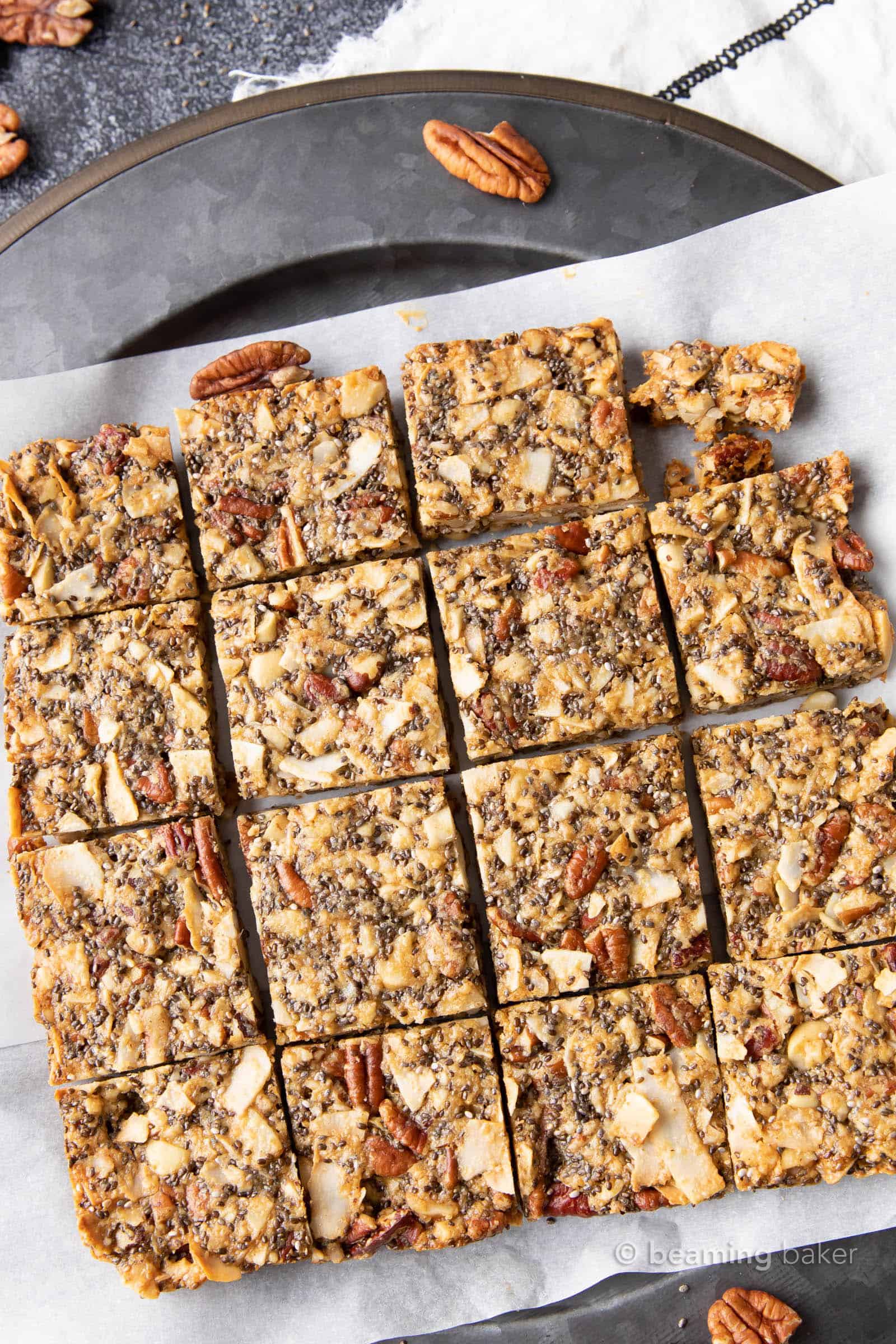 keto granola bars on a plate, overhead view