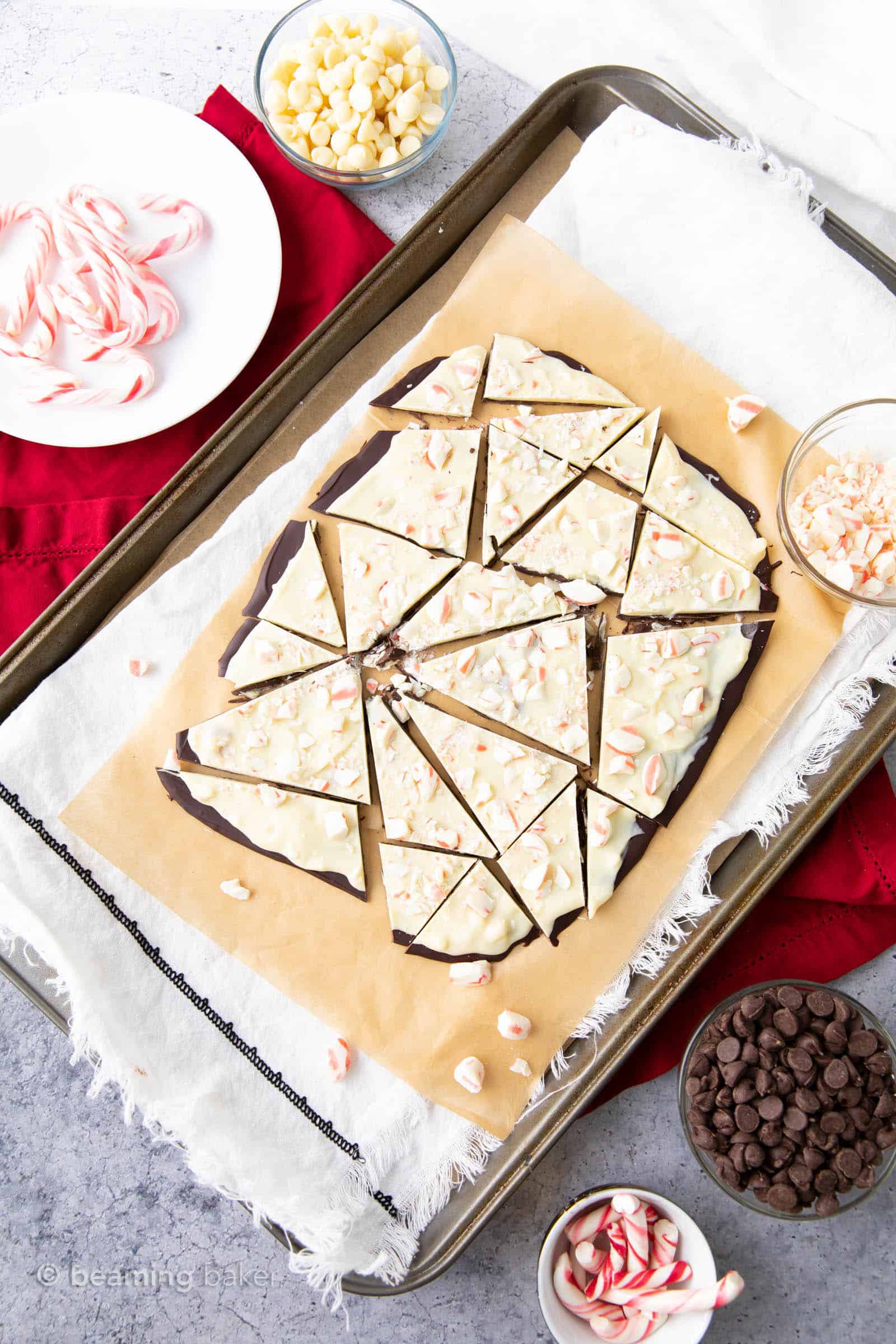 table of keto peppermint bark ingredients with keto peppermint bark in the center