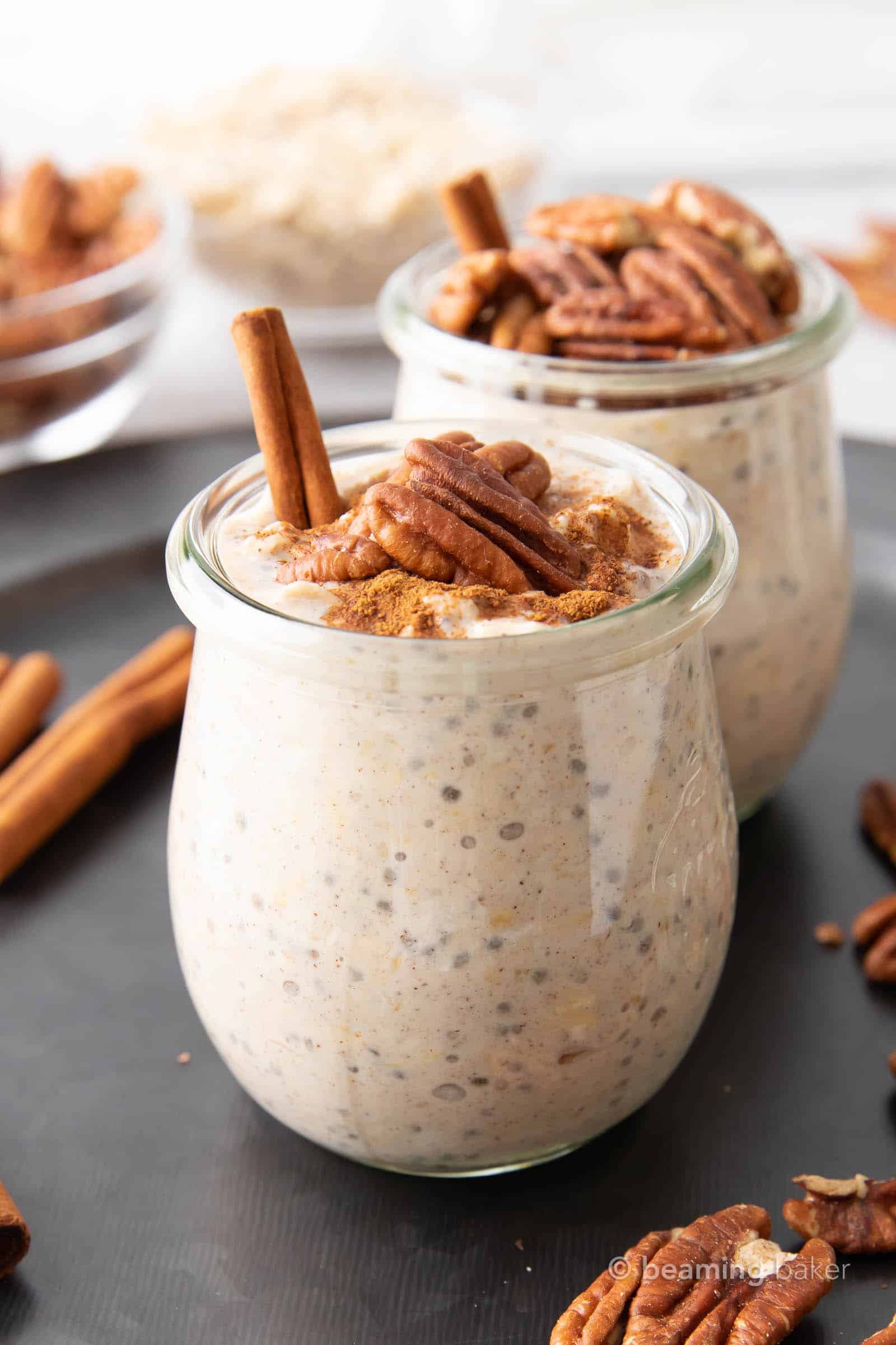 Closeup of two jars of maple pecan overnight oats