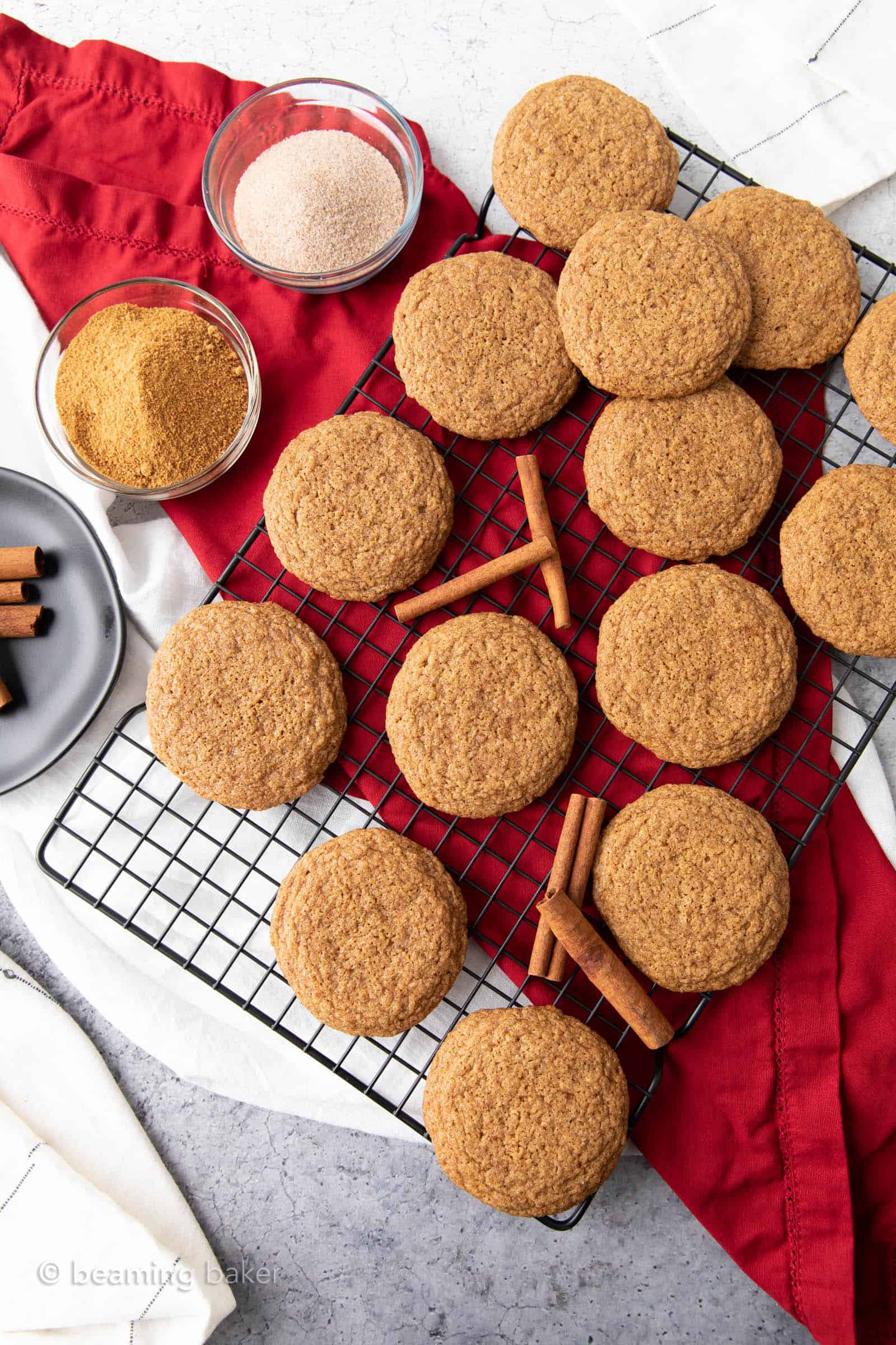 vegan cinnamon cookies recipe, overhead on a black cooling rack