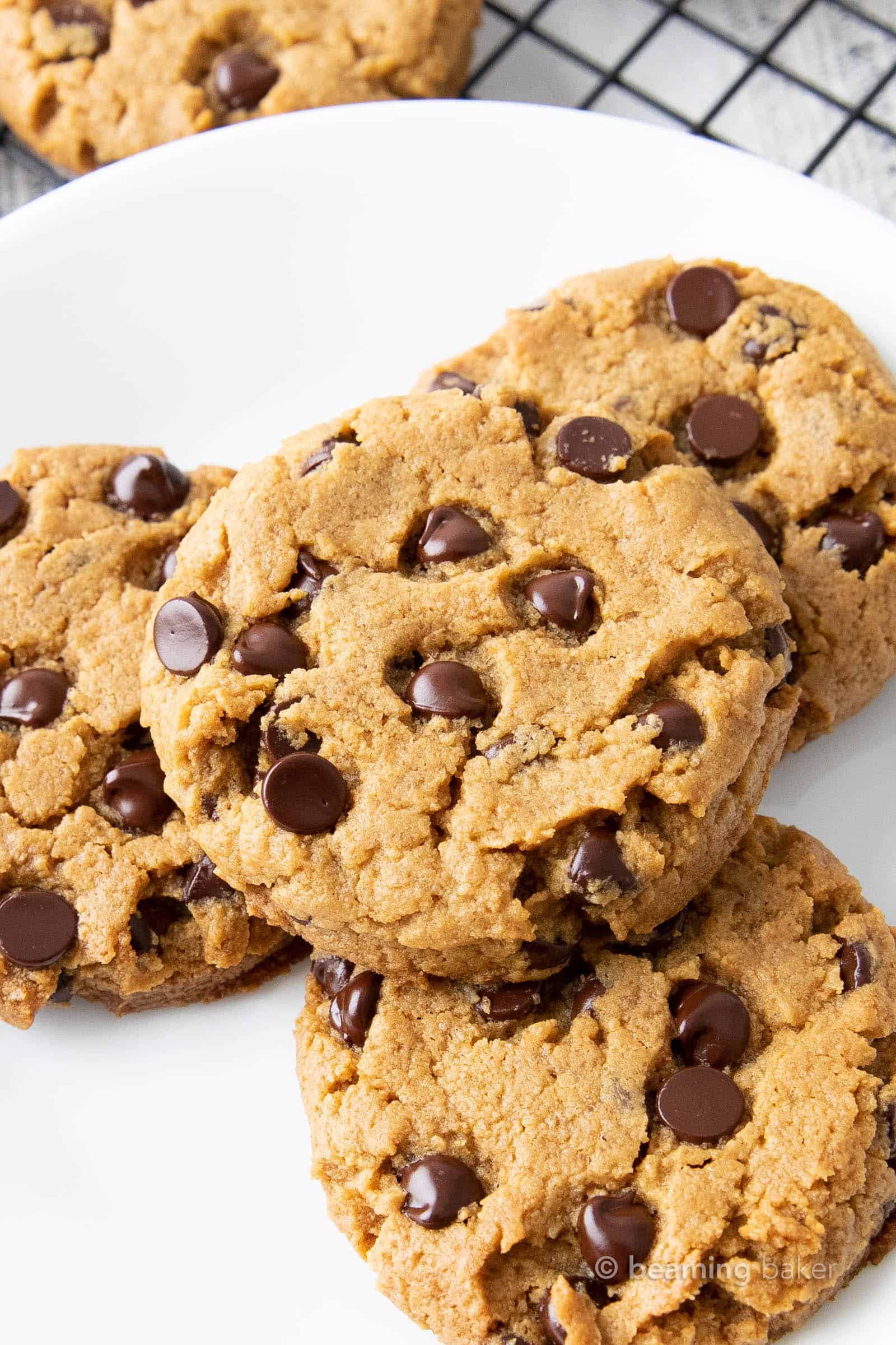 XL super closeup view of fresh baked keto peanut butter chocolate chip cookies