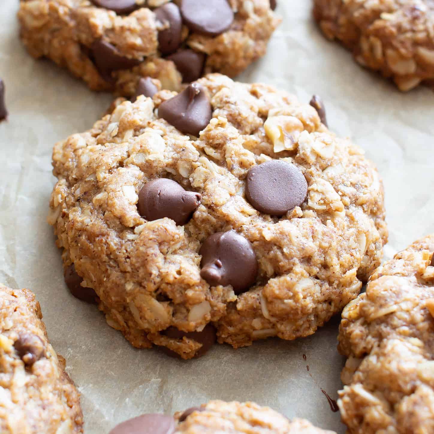 the best vegan gluten free chocolate chip cookies with oatmeal on crinkled parchment paper