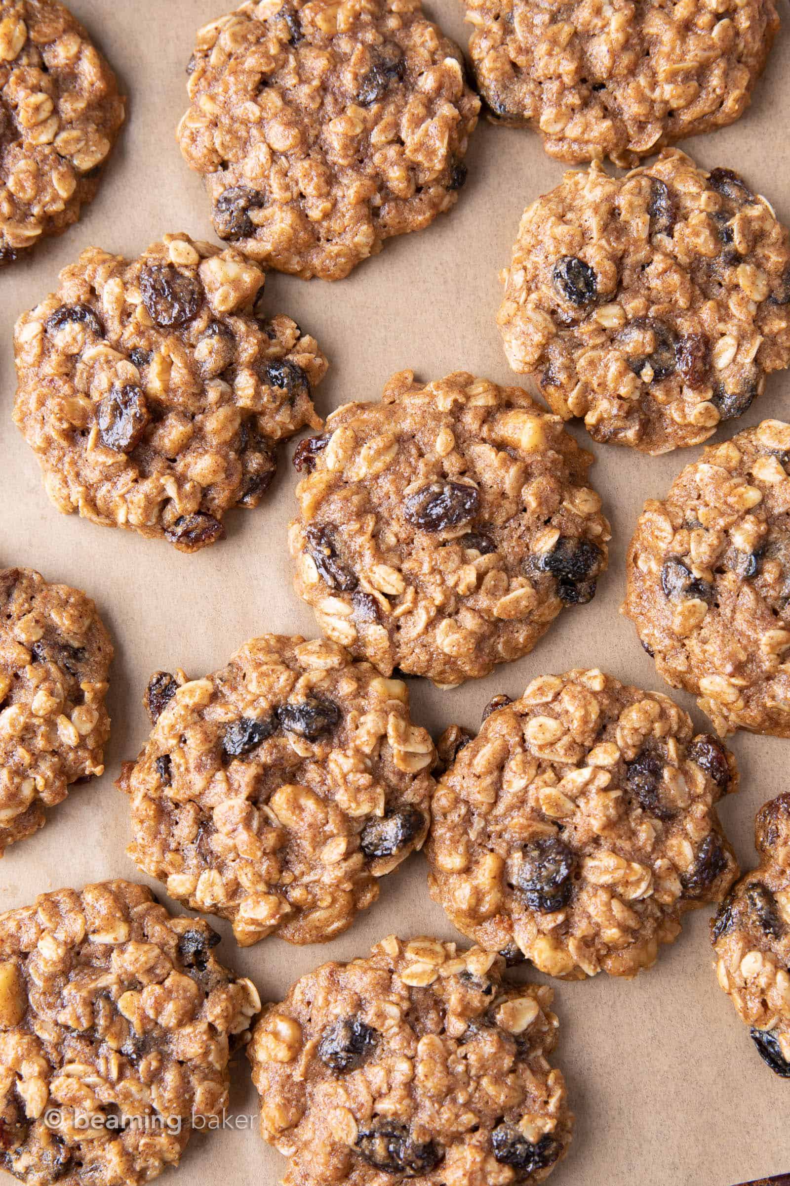 overhead shot of dairy free oatmeal cookies laid out on parchment paper