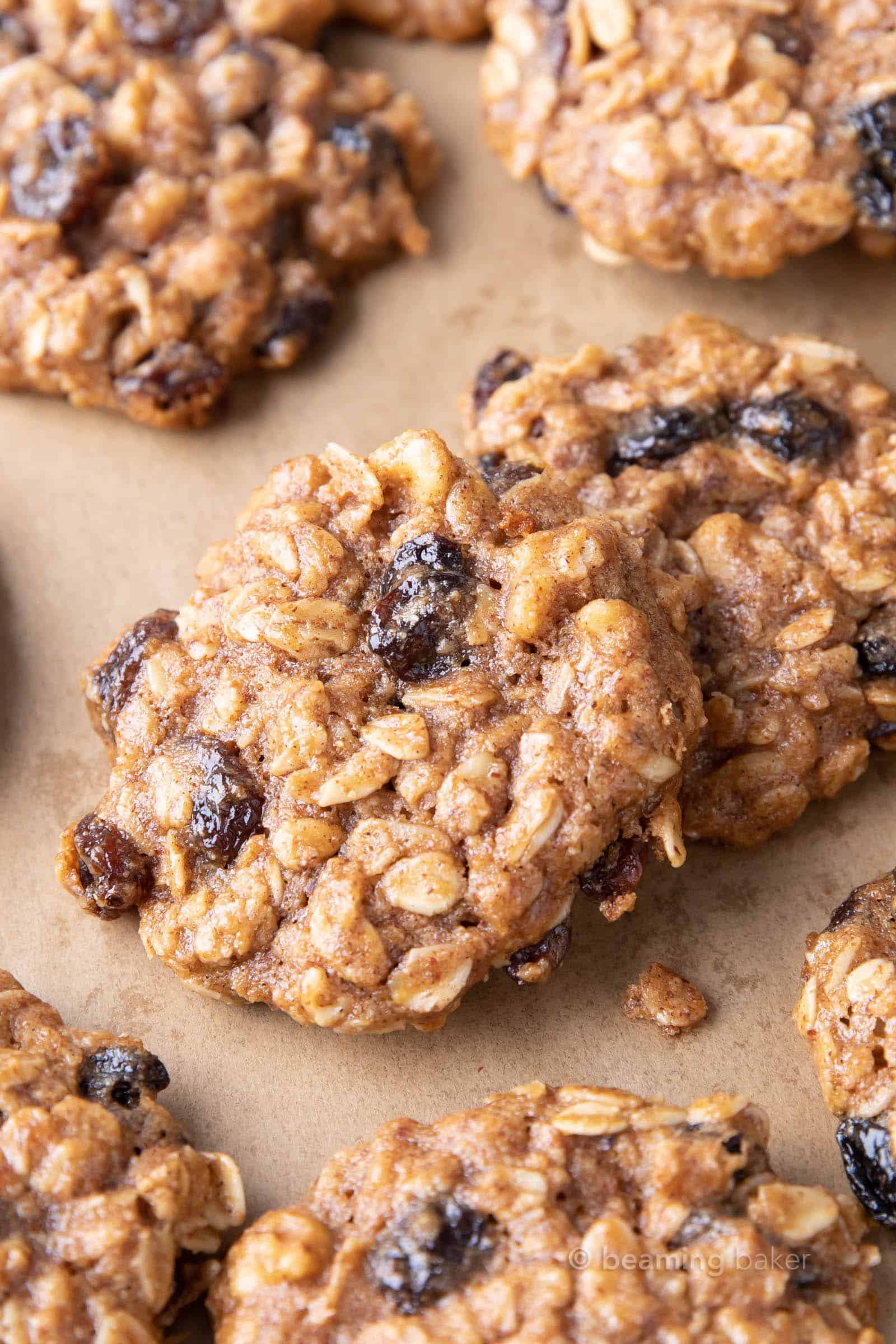 super closeup of two dairy free oatmeal cookies one perched on the other cookie