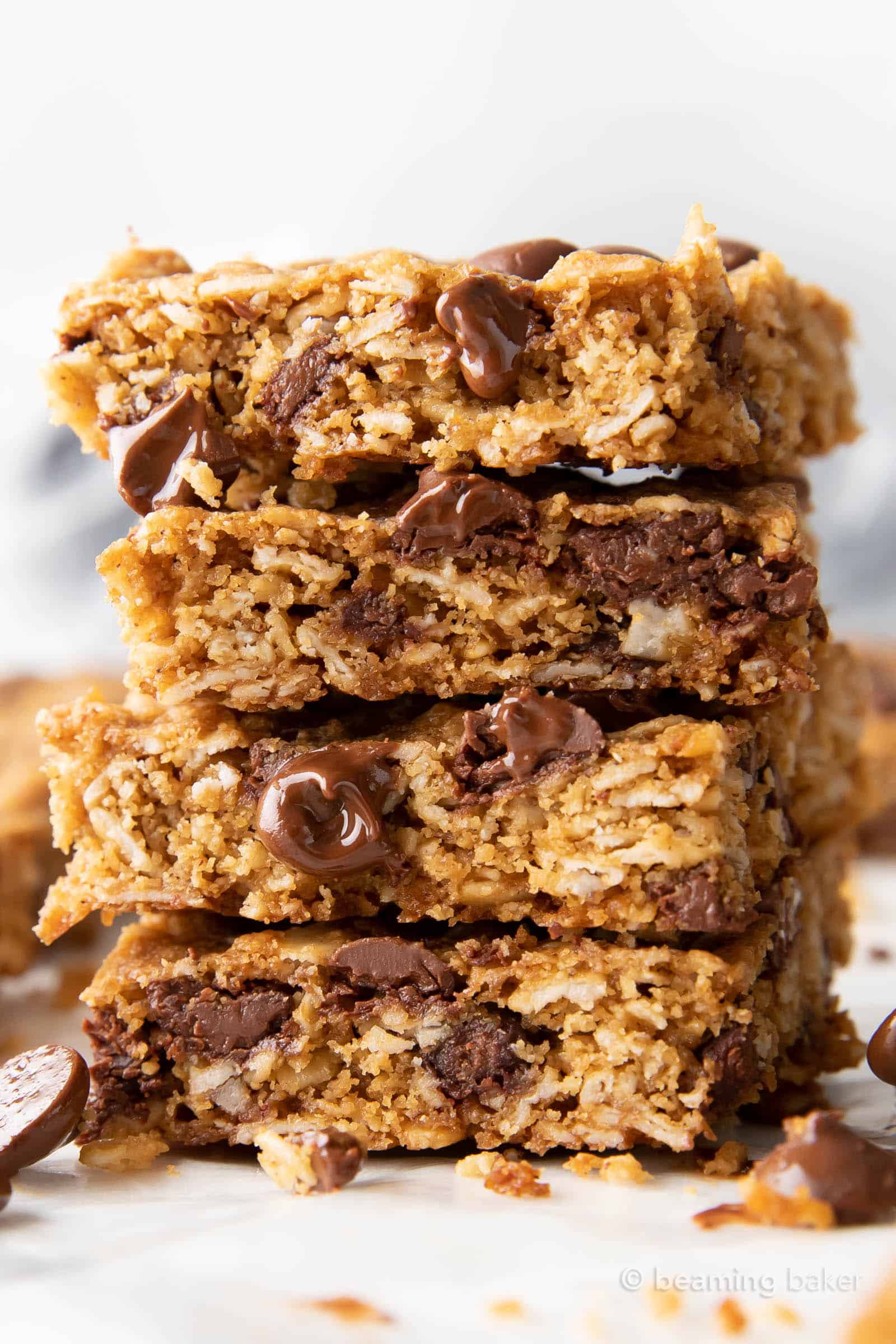 super closeup shot of stack of oatmeal chocolate chip cookies bars