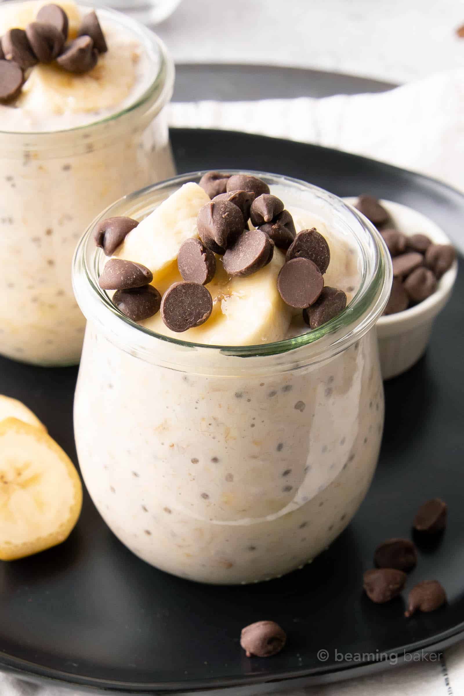 closeup of banana chocolate chip overnight oats in a jar