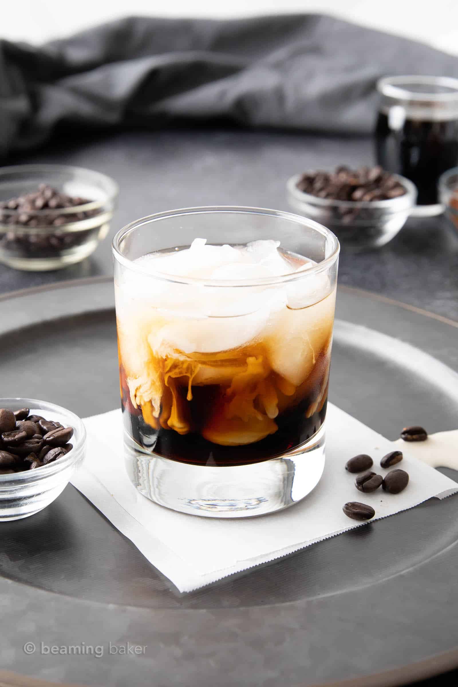 keto White Russian on napkin with coffee beans